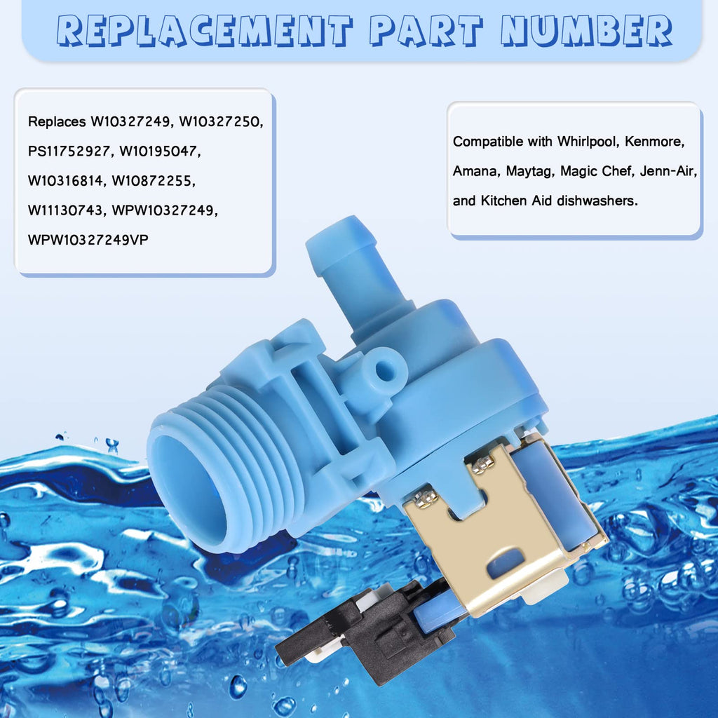Upgraded W10327250 W10327249 Dishwasher Water Inlet Valve WPW10327249 Compatible with Whirlpool Kenmore Amana Kitchen Aid Dishwashers, Replaces W11130743 W10195047 W10316814 AP6024301