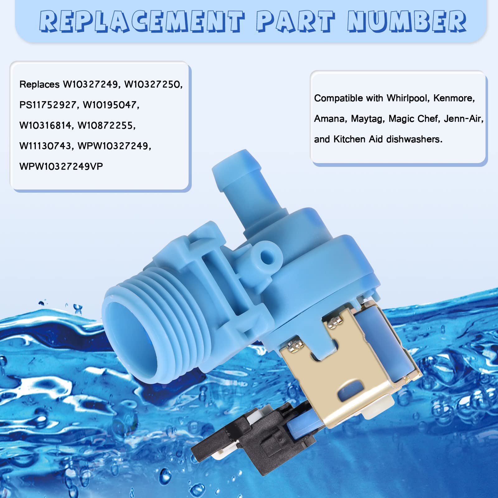 Upgraded W10327250 W10327249 Dishwasher Water Inlet Valve WPW10327249 Compatible with Whirlpool Kenmore Amana Kitchen Aid Dishwashers, Replaces W11130743 W10195047 W10316814 AP6024301