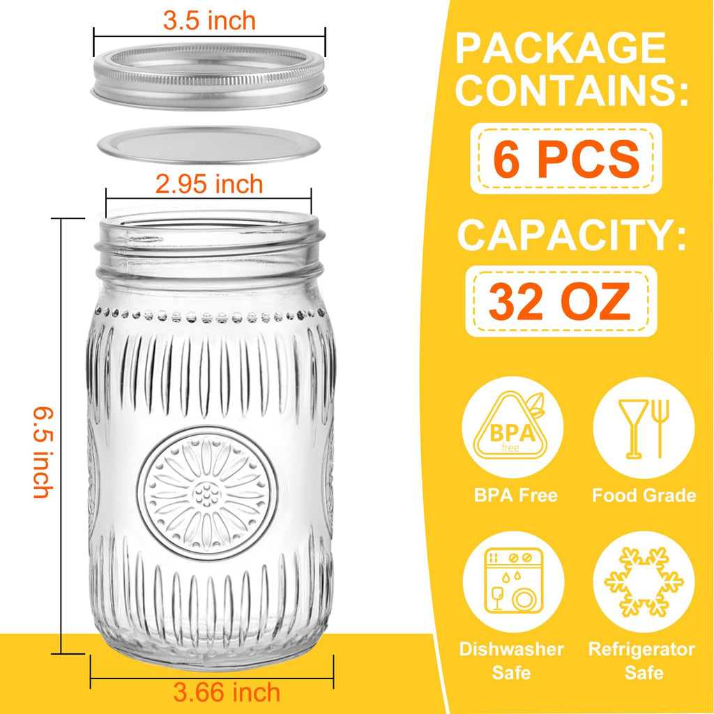 HAYHOI 32 oz Wide Mouth Mason Jars with Lids and Bands, 6 Pack Quart Canning Jars, Embossed Glass Mason Jars for Centerpieces, Preserving, Pickling, Meal Prep, Jam, DIY Crafts