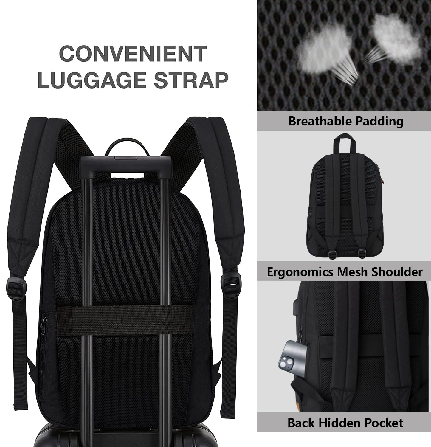 KEOFID classic carry-on travel backpack for men and women, Anti theft laptop backpack with USB charging port, large backpack for college(dark black）