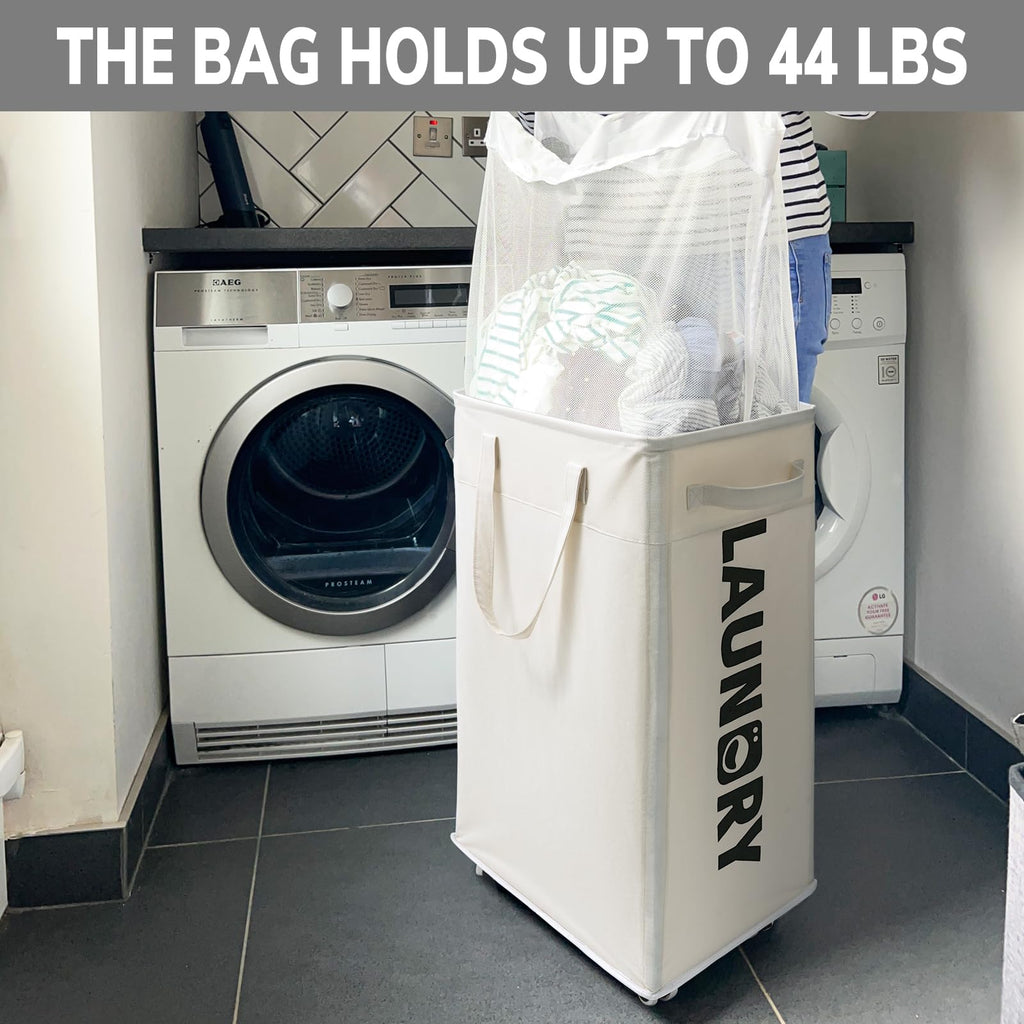 Goodpick Laundry Hamper with Wheels, 75L Collapsible Laundry Basket Organizer, Clothes Hamper with Removable Wash Bag for Bedroom, Large Laundry Basket with Handle, White