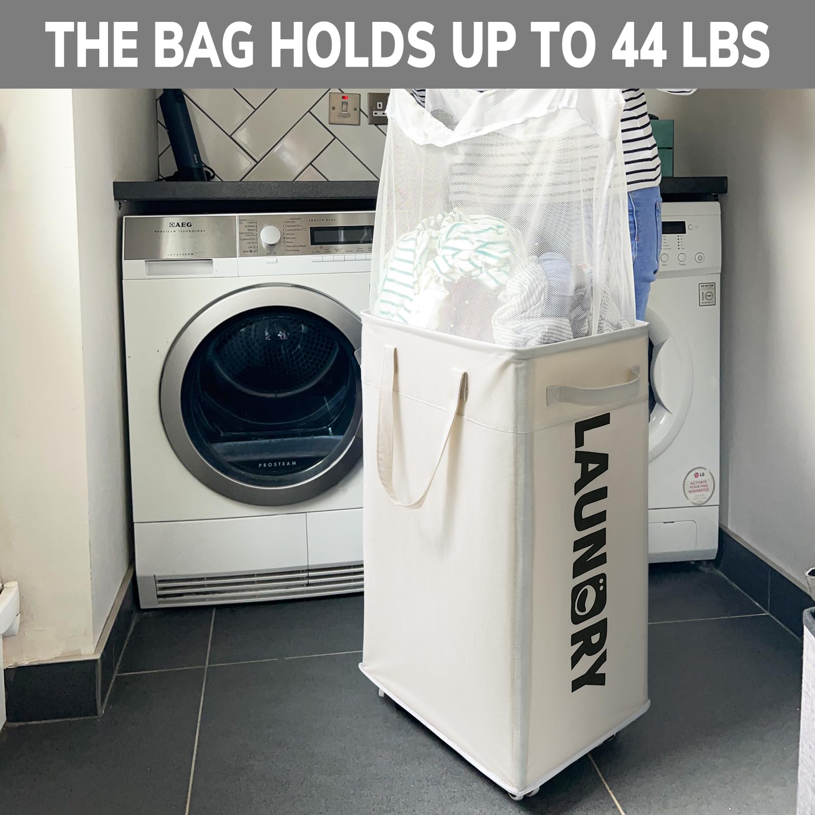 Goodpick Laundry Hamper with Wheels, 75L Collapsible Laundry Basket Organizer, Clothes Hamper with Removable Wash Bag for Bedroom, Large Laundry Basket with Handle, White