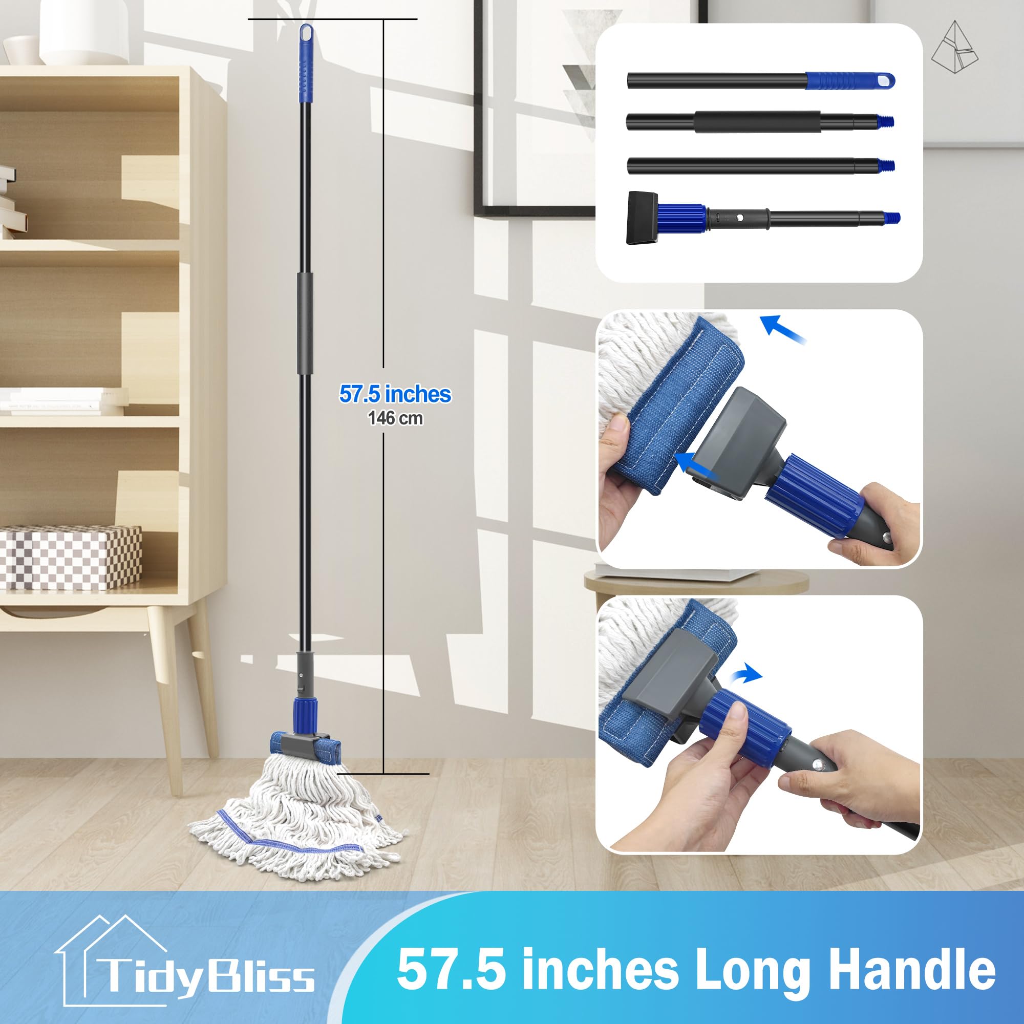 TidyBliss Commercial Mop Heavy Duty, 57.5 inches Long Handle Large Looped-End Industrial String Mop Professional Dry Wet Cotton for Cleaning Concrete Tile Hardwood Floor Shop Office Garage