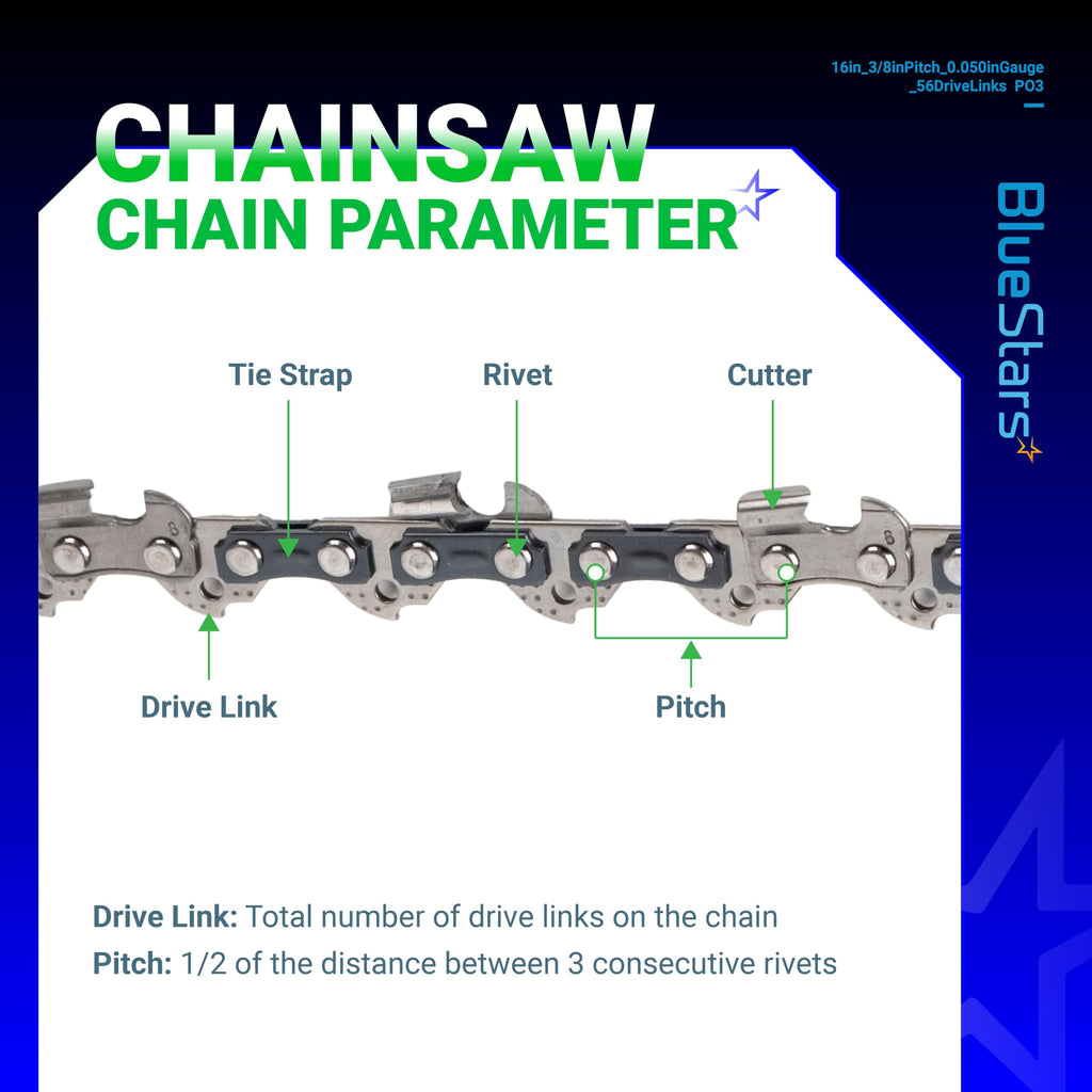 BlueStars 3 Packs 16-inch Chainsaw Chain 3/8" LP Pitch .050" Gauge 56 Drive Links - Compatible with Craftsman Echo CS-280 CS-302 CS-305 CS-306 Greenworks Homelite Husqvarna 135 136 137 Chainsaw S56