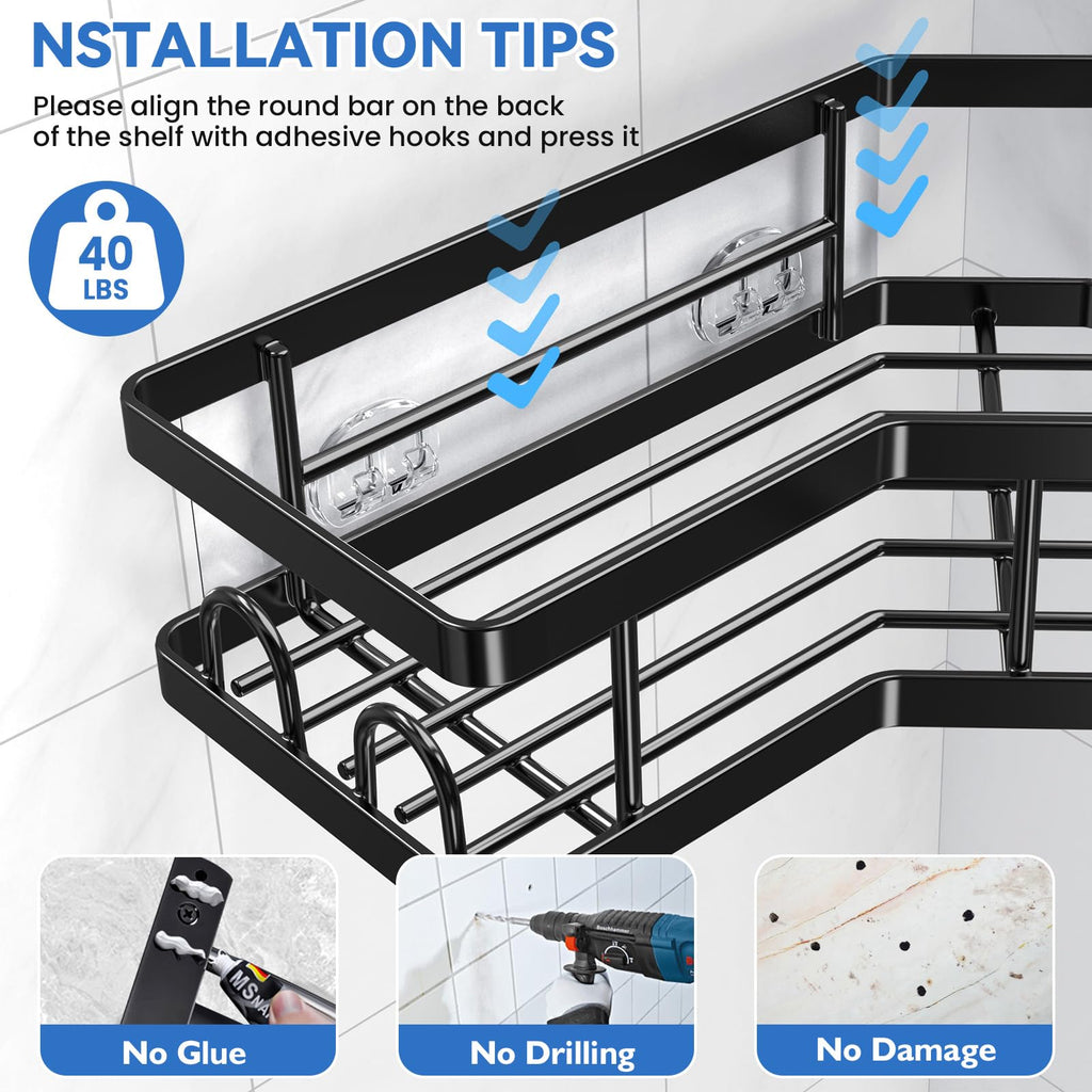 PKBD Corner Shower Caddy 3 Pack, Shower Shelves No Drilling, Rustproof Stainless Steel Bathroom Organizers with Soap Holder, Hooks & Toothpaste Holders, Black