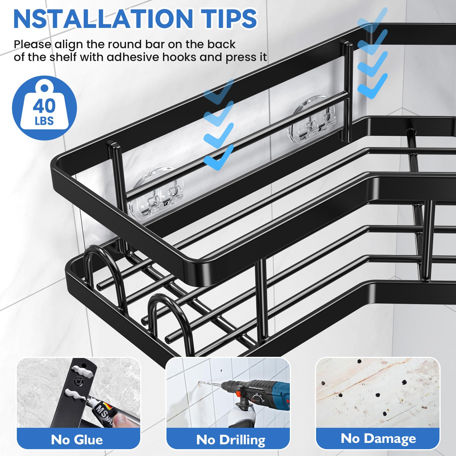 PKBD Corner Shower Caddy 3 Pack, Shower Shelves No Drilling, Rustproof Stainless Steel Bathroom Organizers with Soap Holder, Hooks & Toothpaste Holders, Black
