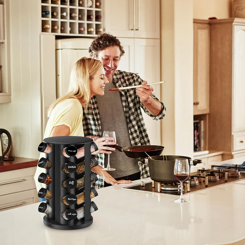 AKOZLIN Rotating Spice Jars with Rack Revolving Spice Rack with 20 Spice Jars Kitchen Spice Tower Organizer Stainless Steel with Stickers and Folding Funnel for Countertop or Cabinet, Silver