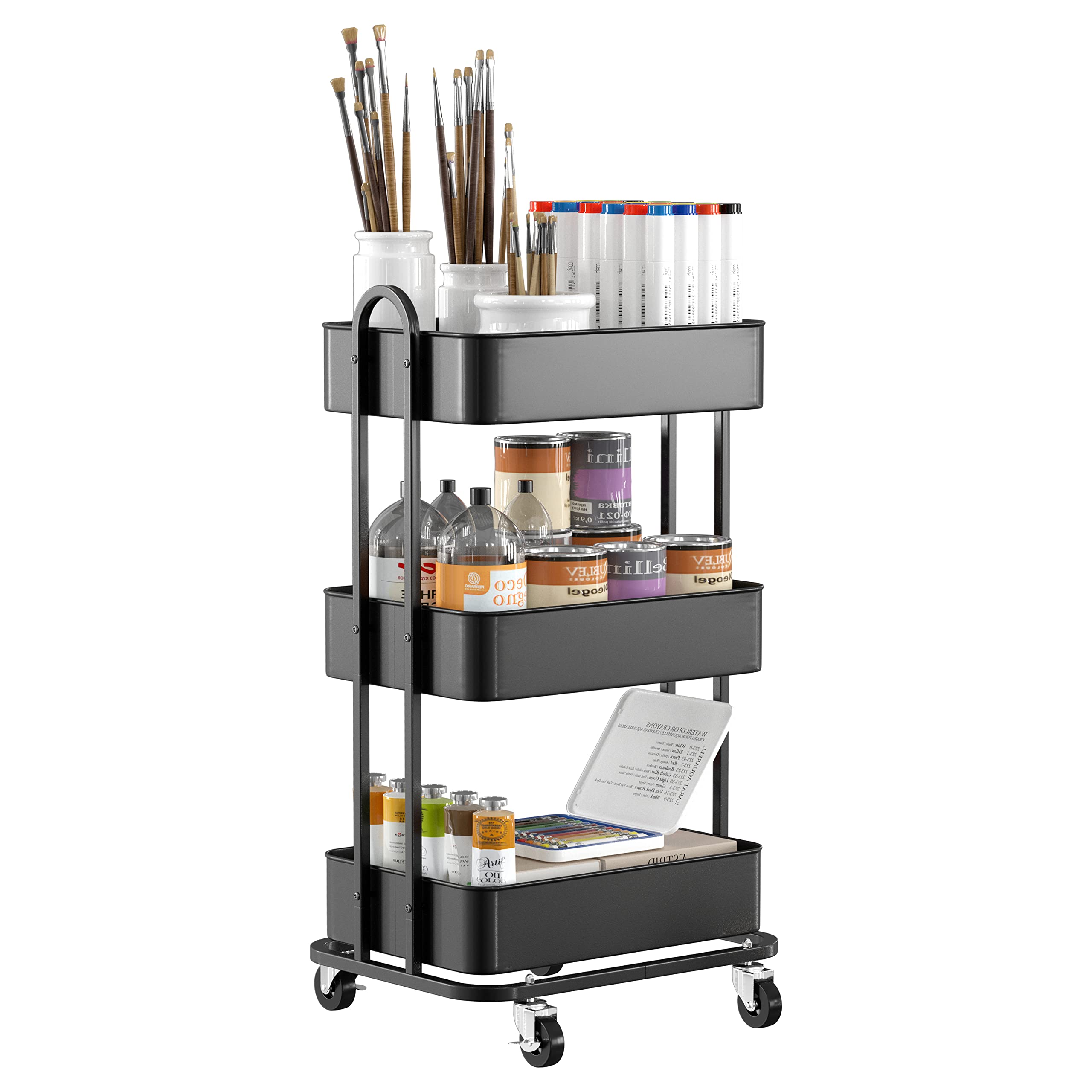 Ceayell 3-Tier Full Metal Utility Rolling Cart for Storage Organizer Cart for Office, Bathroom, Kitchen (Black)