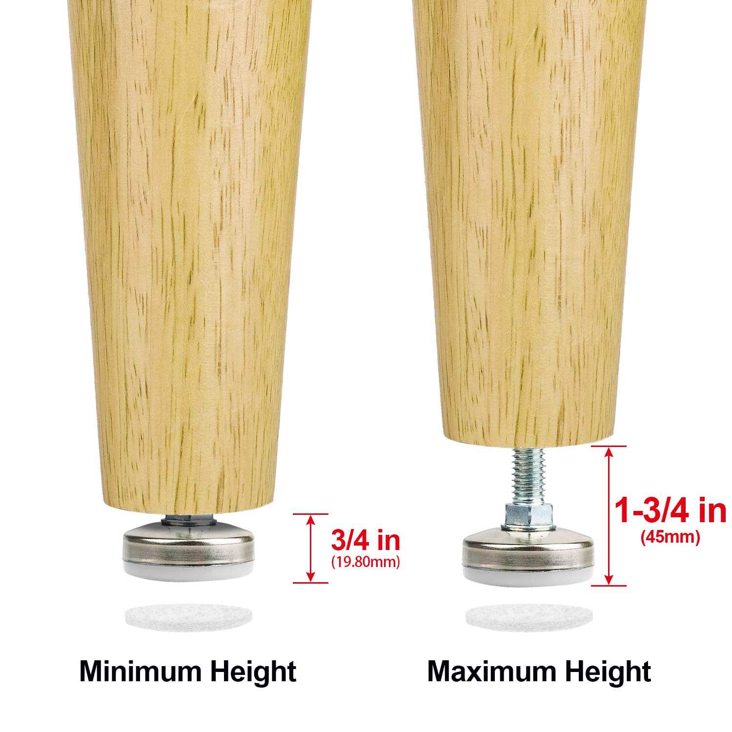 Heavy Duty Furniture Leveling Feet Adjustable Furniture Leg Levelers for Tables Chairs Cabinets Sofa Raiser, Support 1320LBs, T- Nut Kit 3/8”-16 Thread, Large Base,w/ 4 Felt Pads,12 Screws (4 Pack)