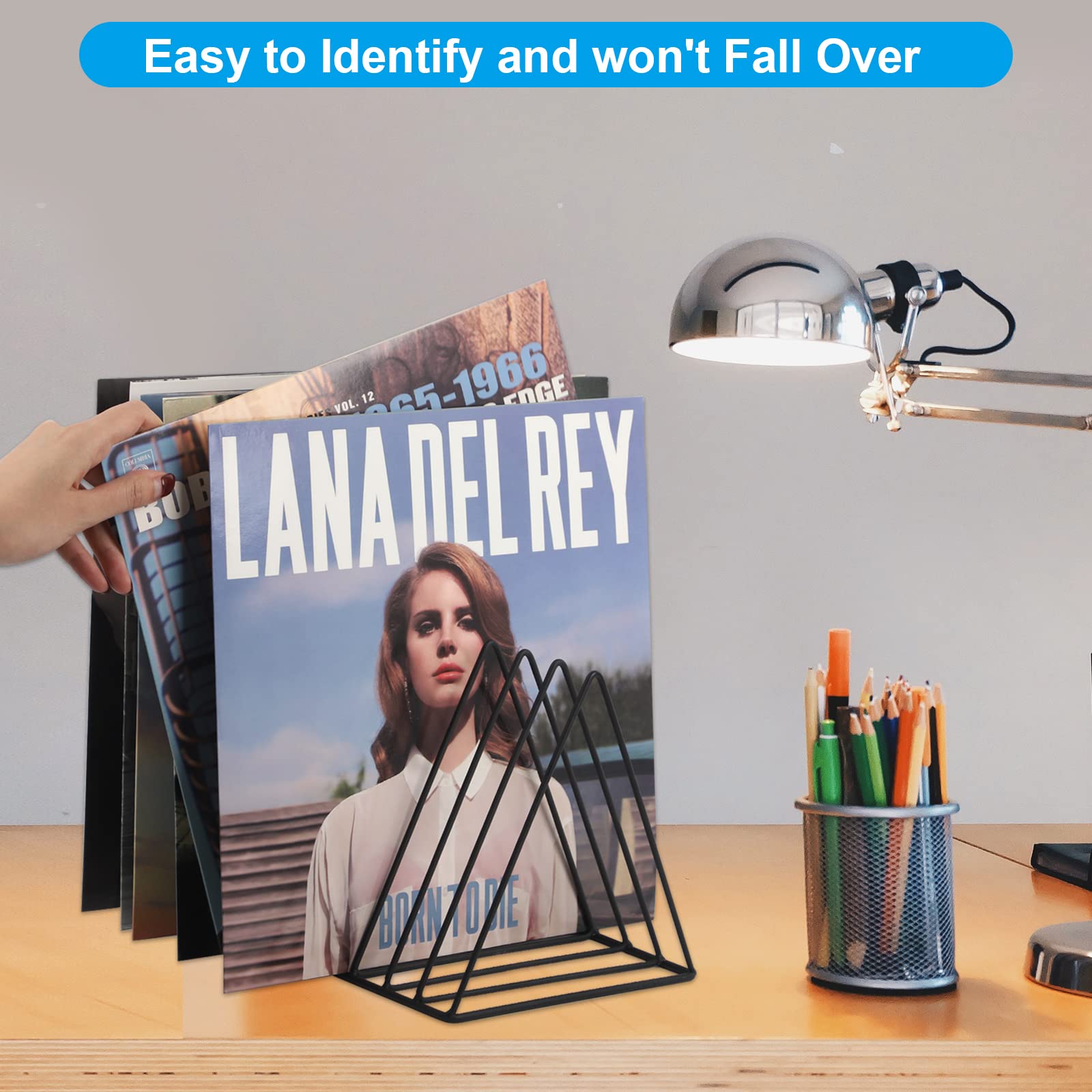 EASEPRES Vinyl Record Holder Storage, Black Metal Magazine Book Album Display Rack, Stylish Triangle Desktop File Sorter Organizer for Home Office