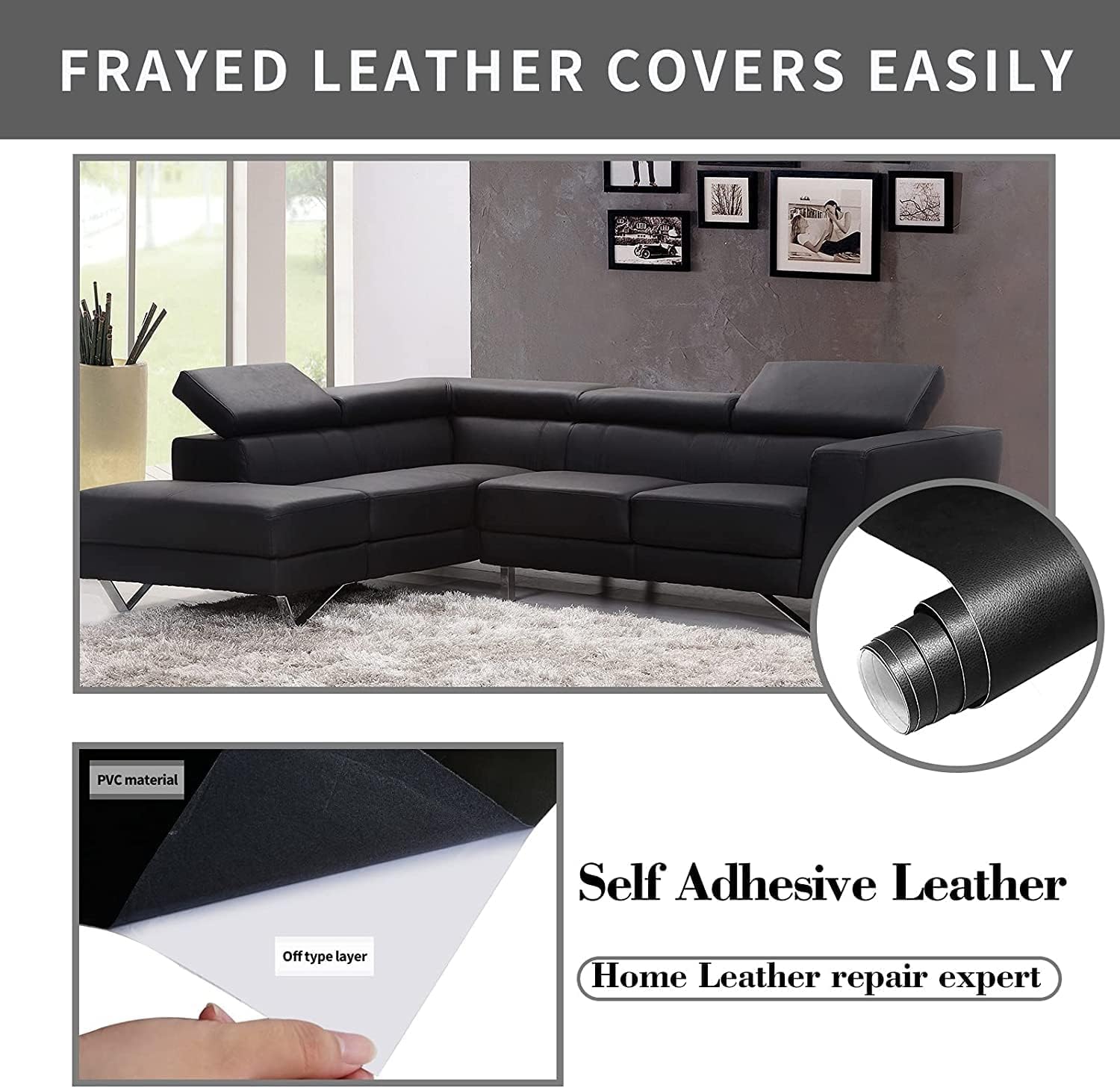 Lifeshoon Leather Repair Patch, 17X79 Inch Self Adhesive Leather Repair, Large Vinyl Patch Tape for Couches, Furniture, Car Seats, Cabinets, Wall, Handbags （Black, 17X79 Inch）