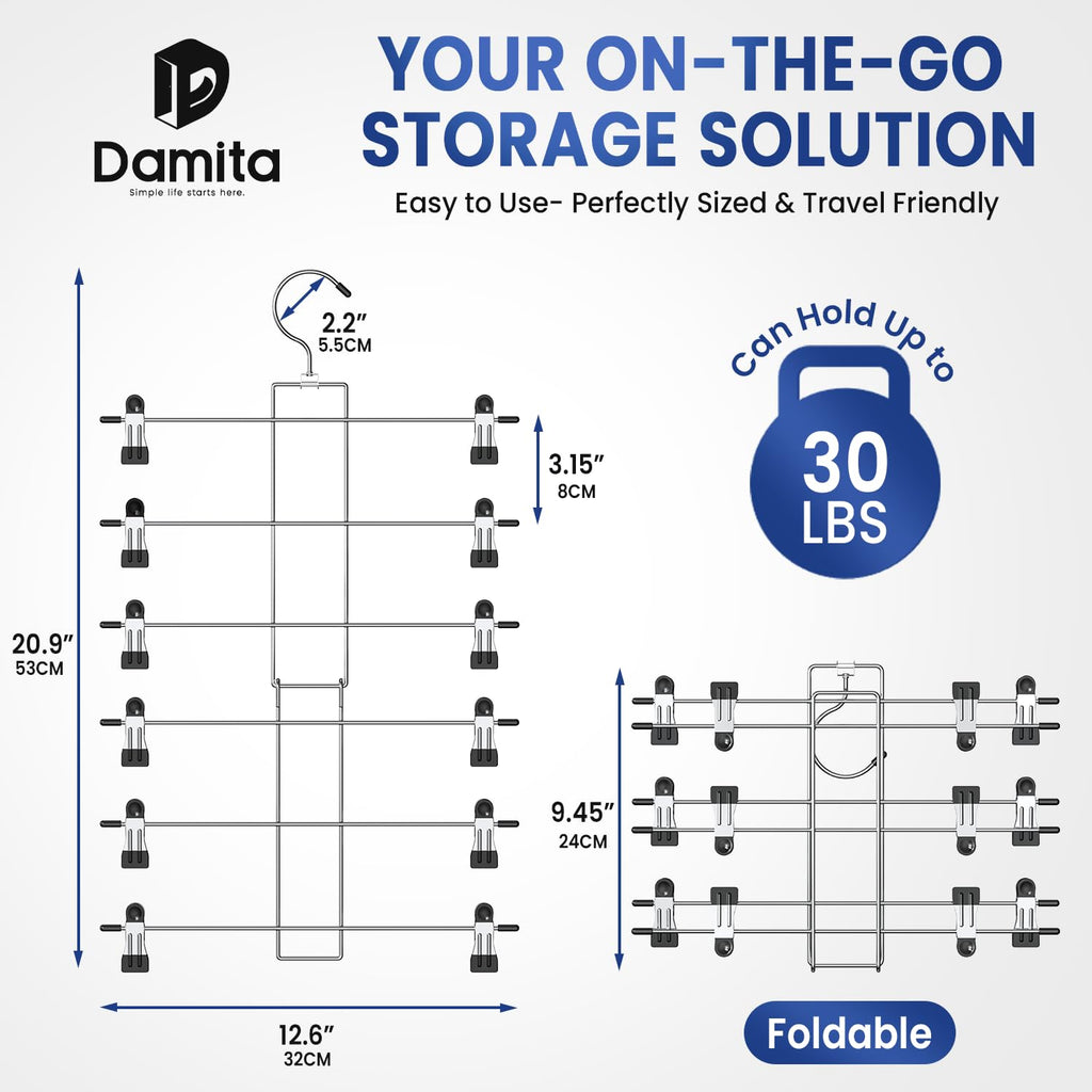 DAMITA Skirt Pants Hangers with Clips Space Saving Hanging Closet Organizer 6 Tiers Hanger with 360° Swivel Hook, Finger-Safe Design- College Dorm Room Apartment Essentials 2-Pack