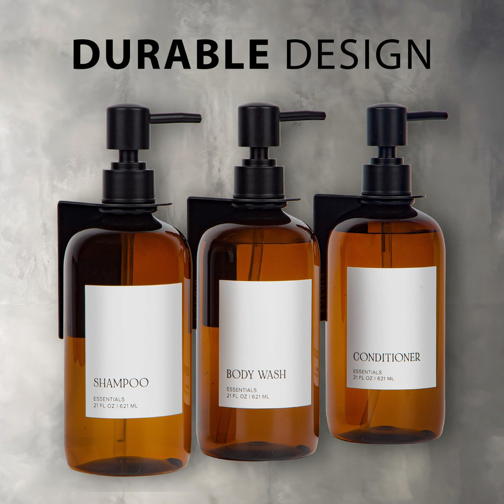 Stylish Shampoo and Conditioner Dispenser Set of 3 - Modern 21oz Shower Soap PET Bottles for Drill Free Wall Mount - Easy to Refill Body Wash Dispensers for an Instant Bathroom Decor Upgrade