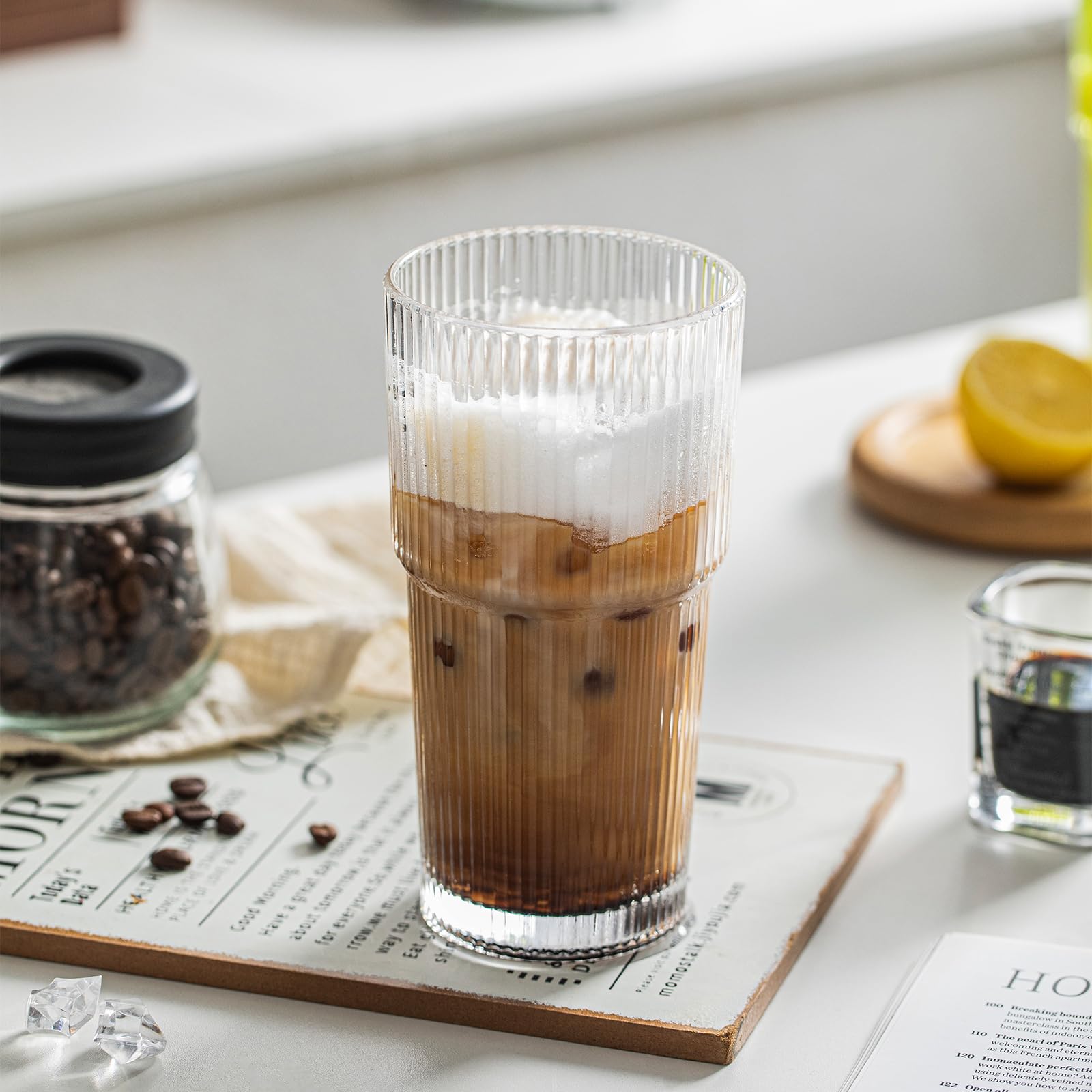 20oz Ribbed Glass Tumbler Set of 4 – Large Capacity Drinking Glasses for Iced Coffee, Water, Juice, and Cocktails – Elegant Modern Glassware for Everyday Use and Special Occasions