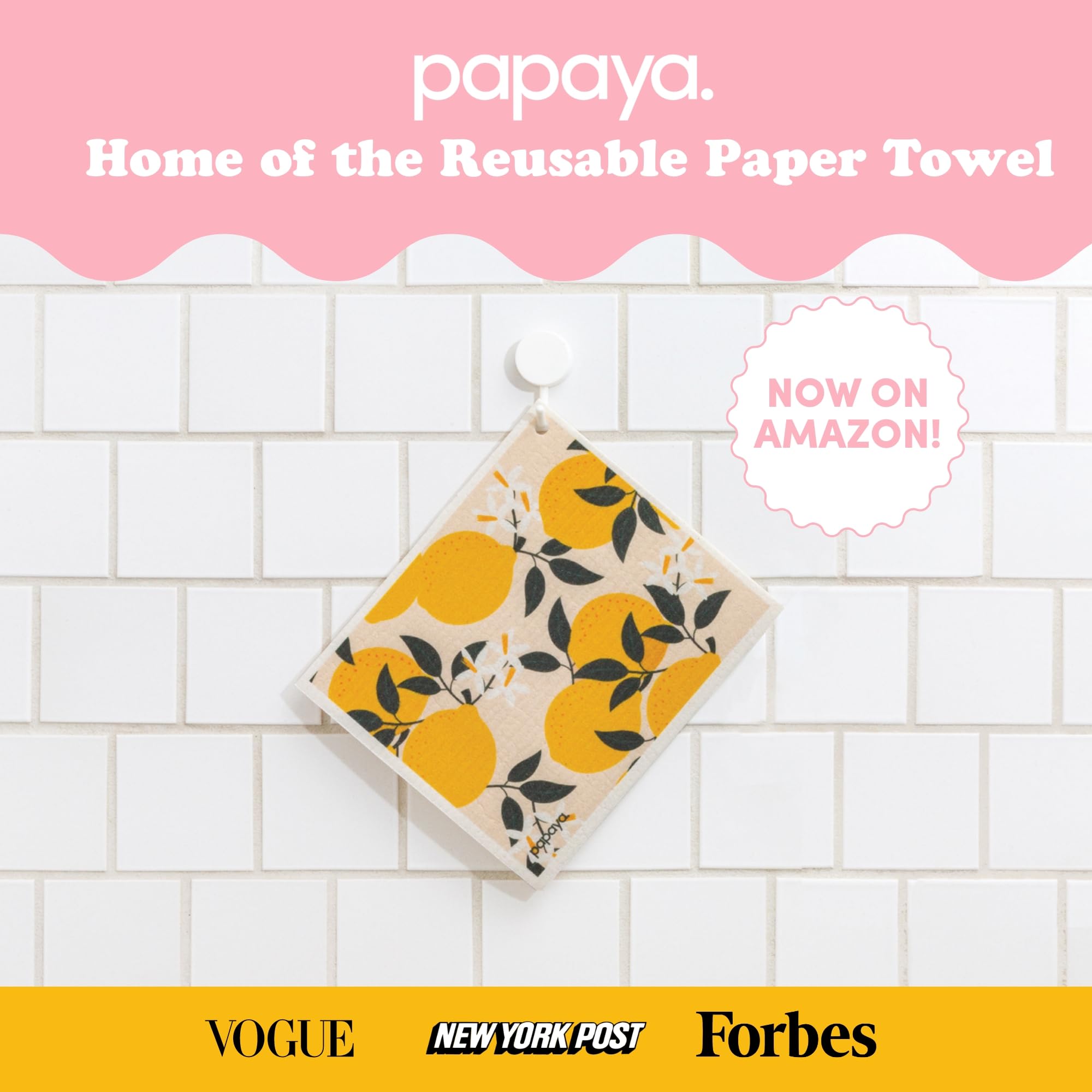 Papaya Reusable Paper Towels 2-Pack - 2 Sheets + 1 Hook, 1 Sheet Replaces 17 Rolls, Quick Drying, No Odor, Washable Kitchen Cloth, Sustainable Dish Sponge, Eco Friendly Gift (Squeeze The Day)