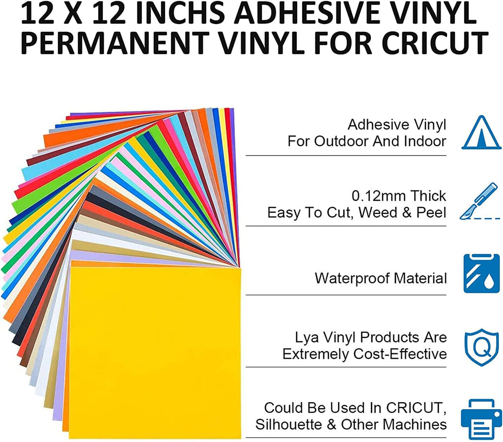 Lya Vinyl 65 Pack Permanent Vinyl, Self Adhesive Vinyl Sheets for Cricut, Permanent Outdoor Vinyl for Party Decoration, Sticker, DIY Mug, Car Decal