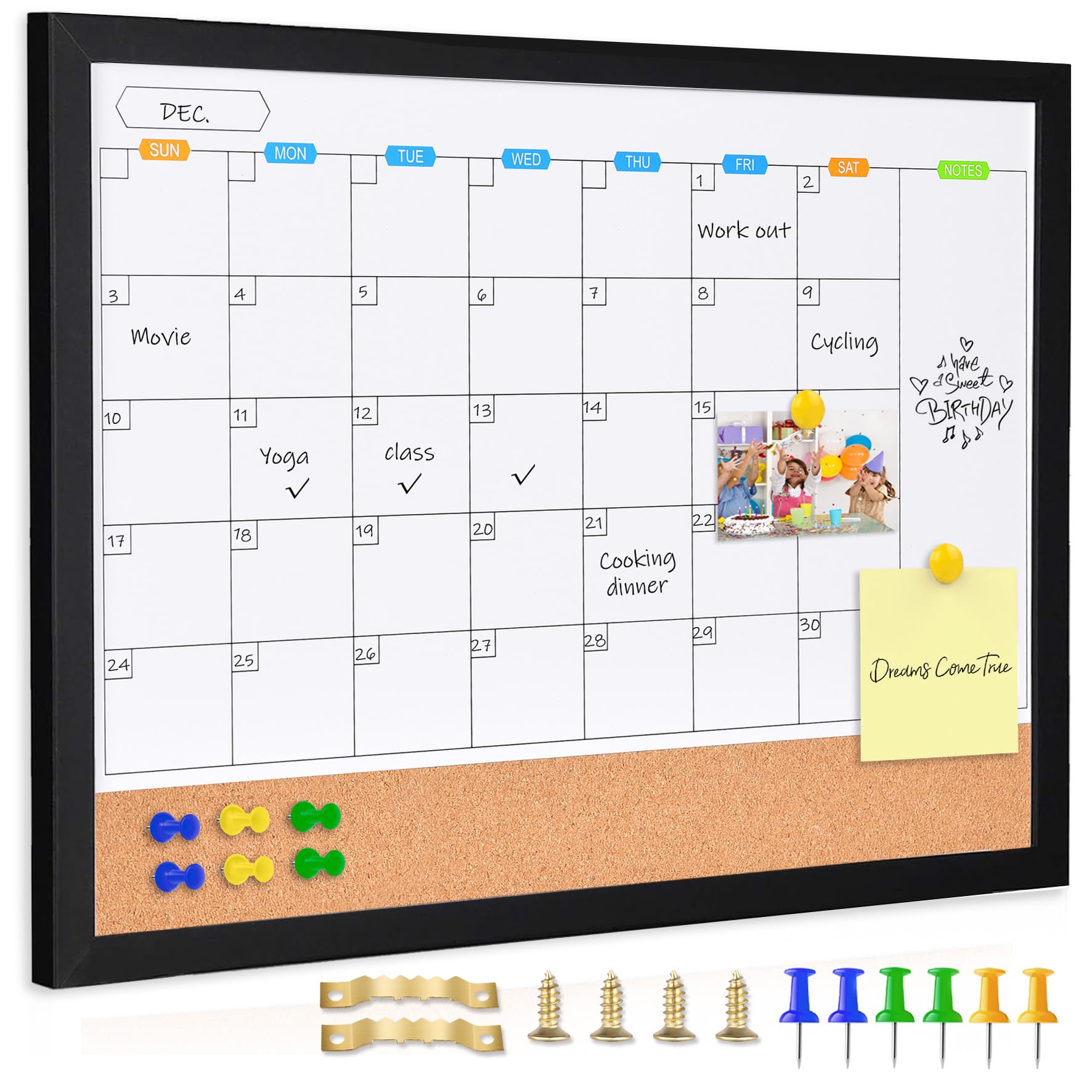 Marribol Monthly Whiteboard Calendar with Cork Board for Wall, 17"x13",Magnetic Dry Erase Board with Black Wood Framed,2-1 Wall Planner Whiteboard,Bulletin Board with Pins for Home,School,Office