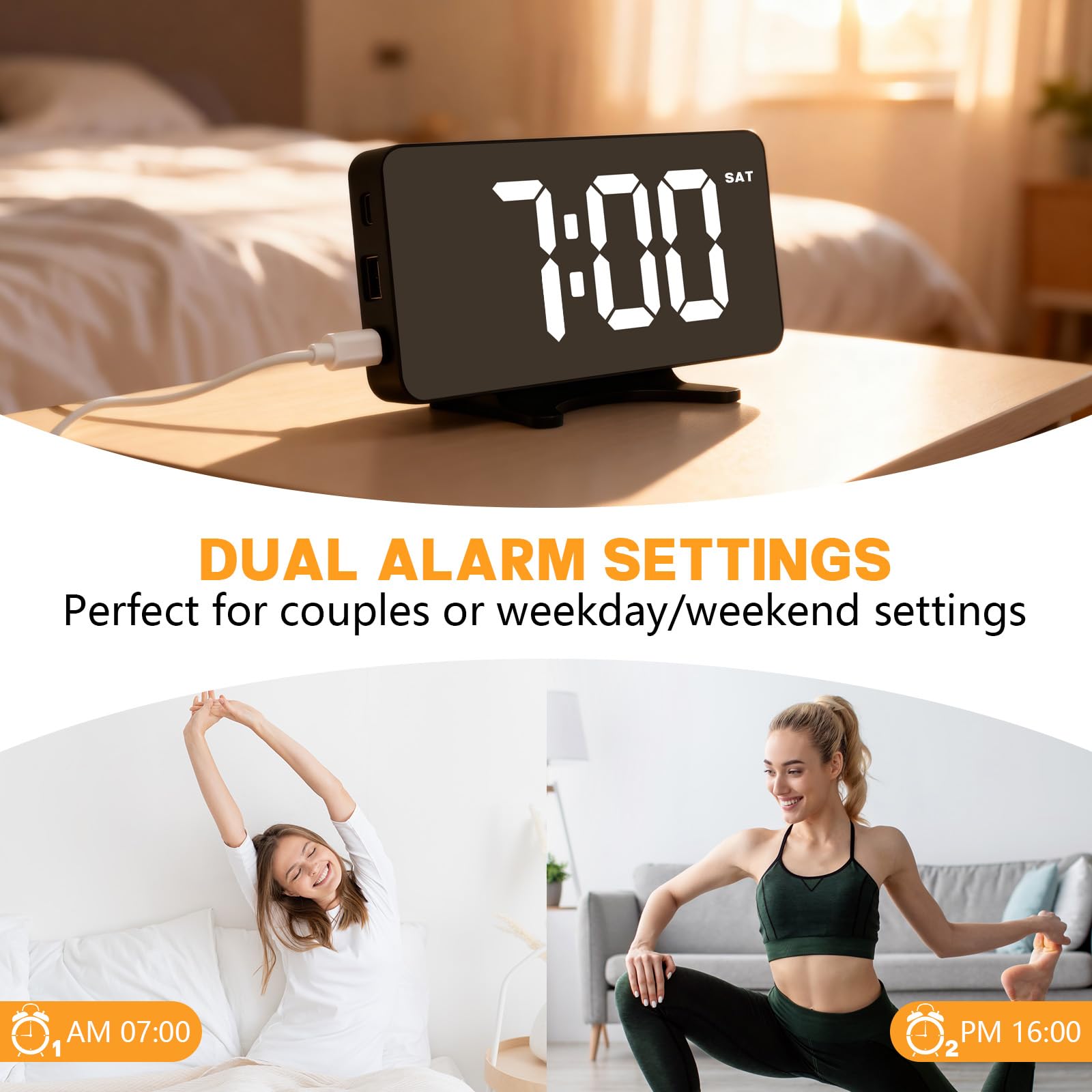Digital Alarm Clock for Bedroom, Easy Setup Electronic Dual Alarm Clock with Large Numbers, Power-Off Memory Adjustable Brightness Bedside Clock with 5 Alarm Modes, 12/24H Display for Home, Office