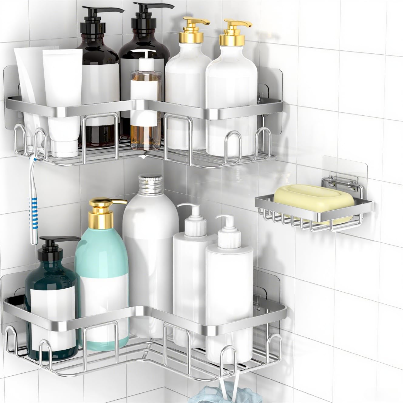 MOFOROCO 3-Pack Shower Caddy Corner Basket Shelf with Soap Holder, No Drilling Traceless Adhesive Shower Wall Shelves, Rustproof Black Bathroom Shower Storage Organizer