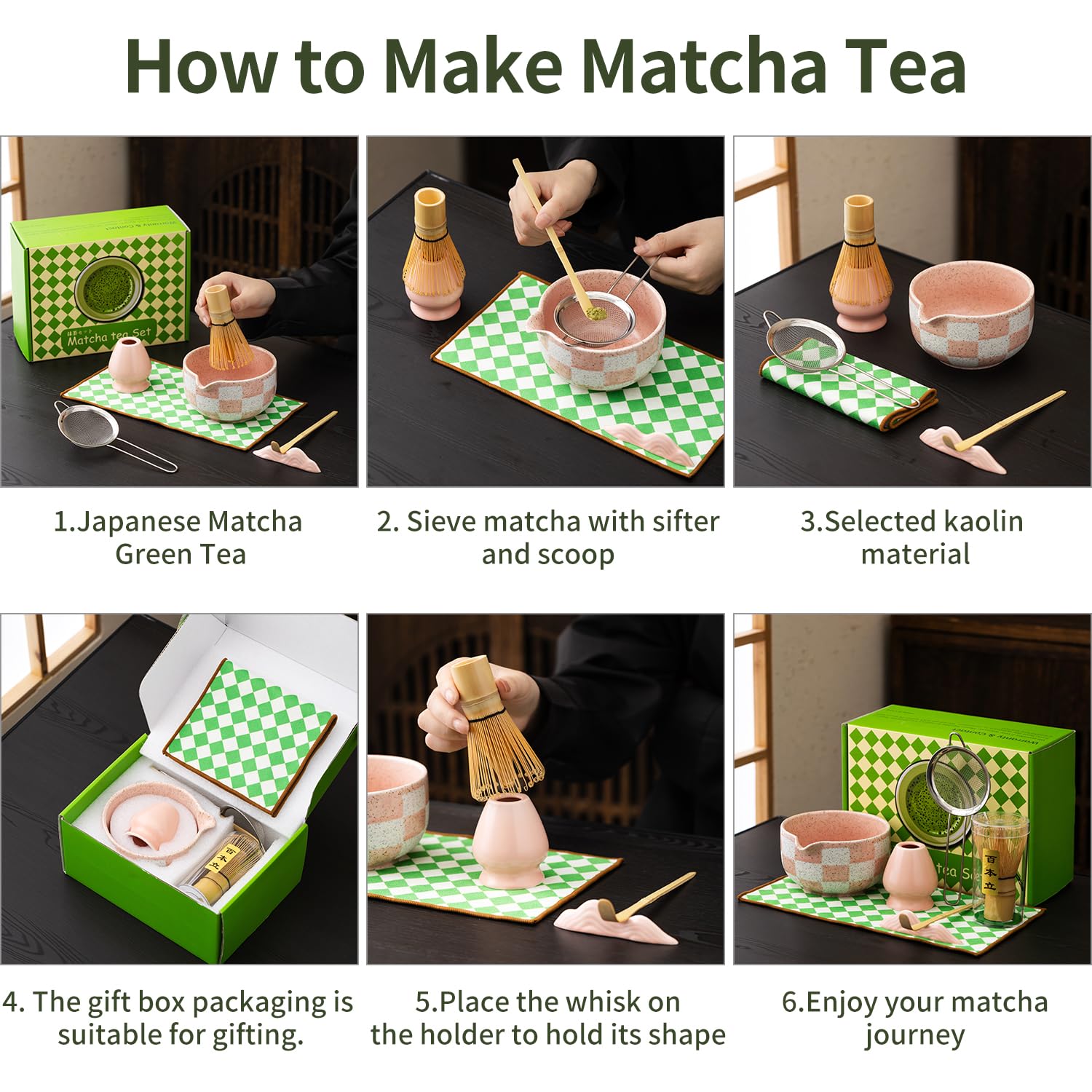 7pcs Traditional Matcha Tea Ceremony Set, Purple Ceramic Bowl with Bamboo Whisk, Holder and Strainer (Pink grid)