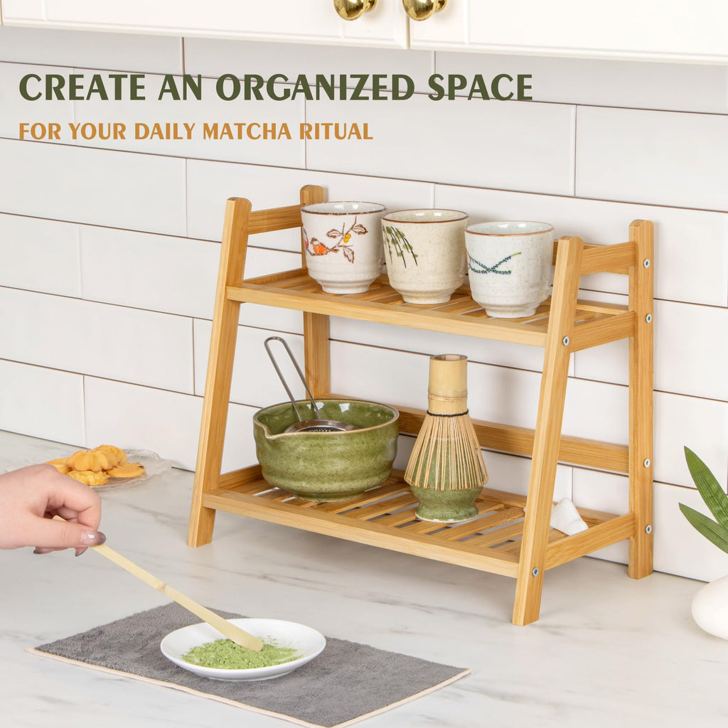 ANBOXIT Bamboo Matcha Station Organizer, Countertop 2 Tier Desktop Shelf for Mugs, Cups, and Condiments - Ideal for Matcha & Coffee Accessories in Kitchen, Home, Office
