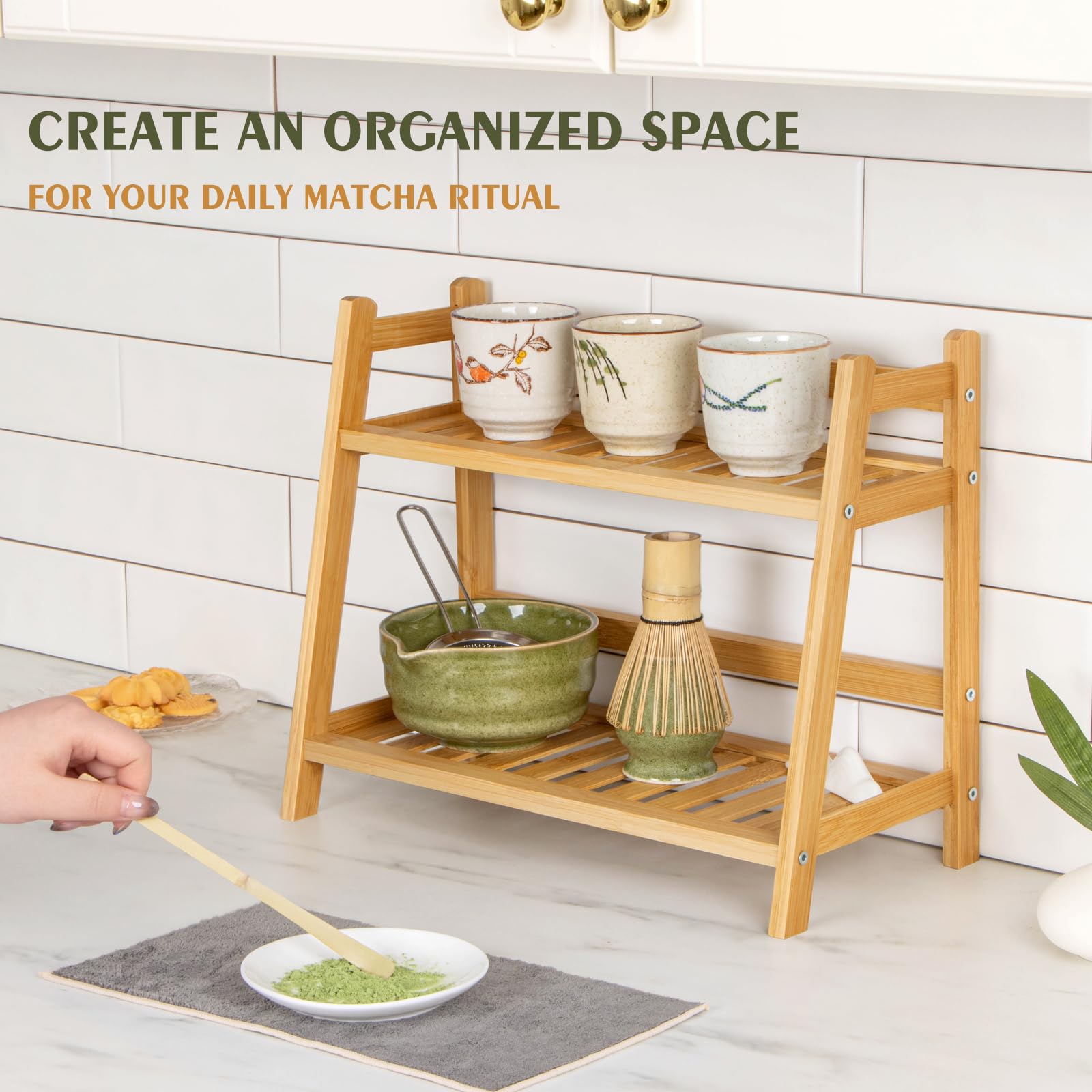 ANBOXIT Bamboo Matcha Station Organizer, Countertop 2 Tier Desktop Shelf for Mugs, Cups, and Condiments - Ideal for Matcha & Coffee Accessories in Kitchen, Home, Office