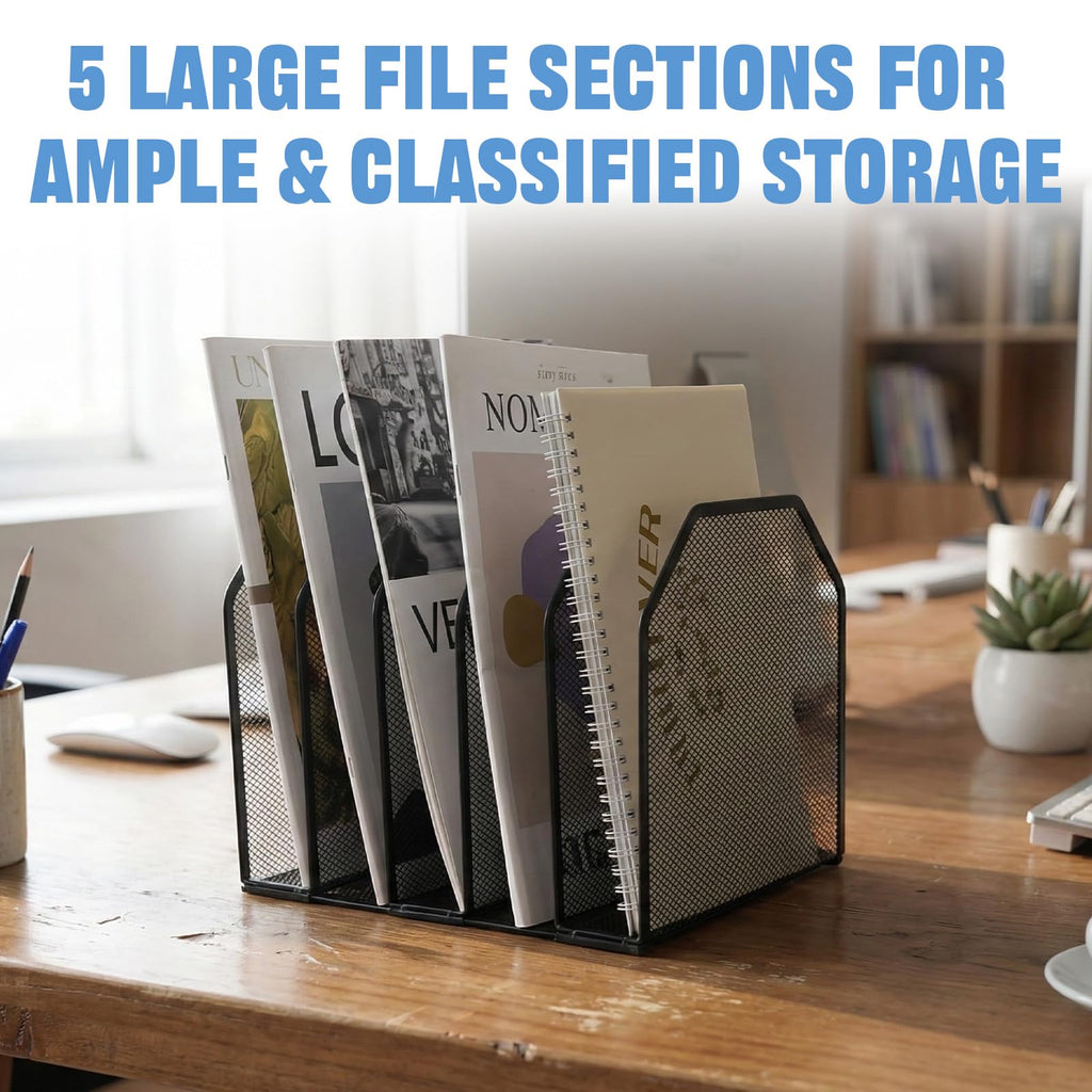 RUITENG 2 Pack Mesh File Sorter Organizer for Desktop, 5-Section Black Metal Vertical Desk File Organizer, Adjustable Upright Bookshelf File Holder Stand for Office Home Classroom Documents Books