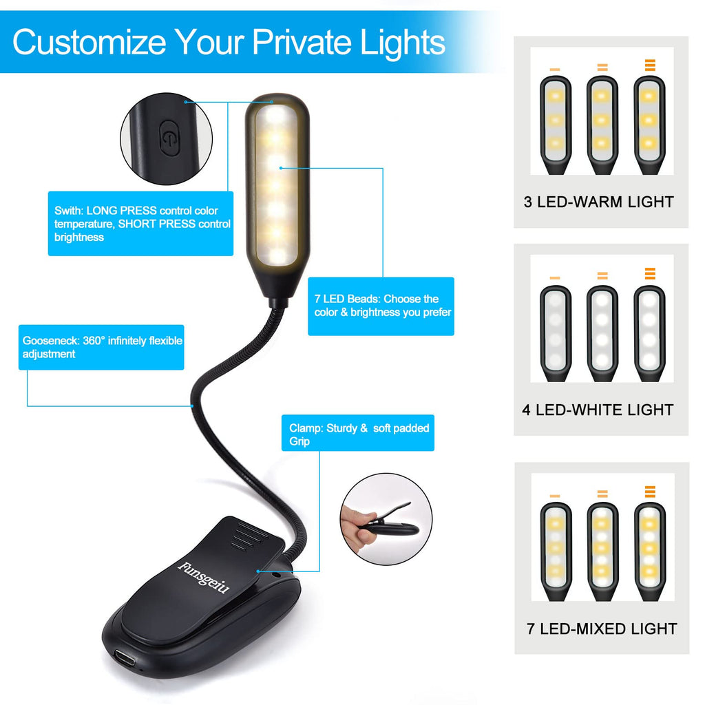 Book Light 2 Pack, Rechargeable 7 LED 9 Modes Reading Light, Eye-Care Clip On Book Reading Light for Reading in Bed, Bookworms, Kids, eReaders