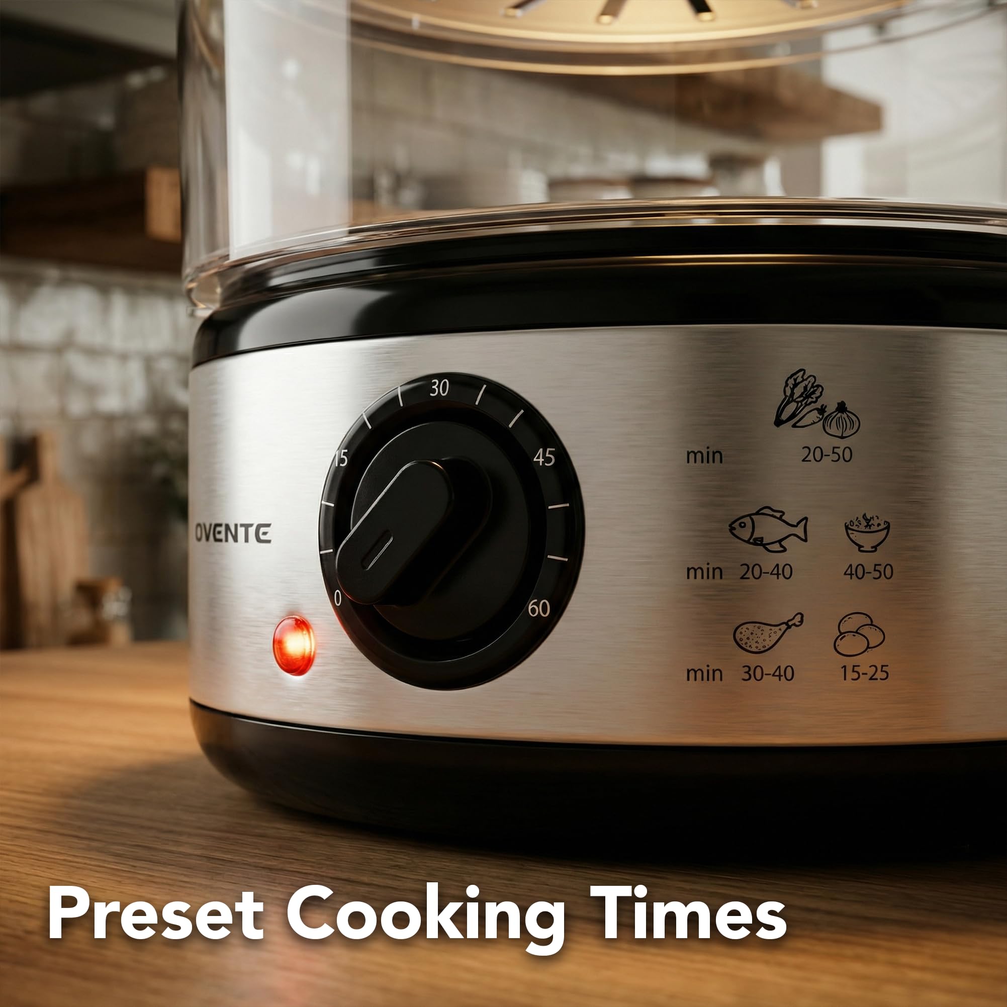OVENTE 2 Tier Electric Food Steamer for Cooking Vegetables, Stainless Steel Base, Stackable and Dishwasher Safe Baskets, 400W with Auto Shutoff and 60-Minute Timer, 5 Quart Capacity, Silver FS62S