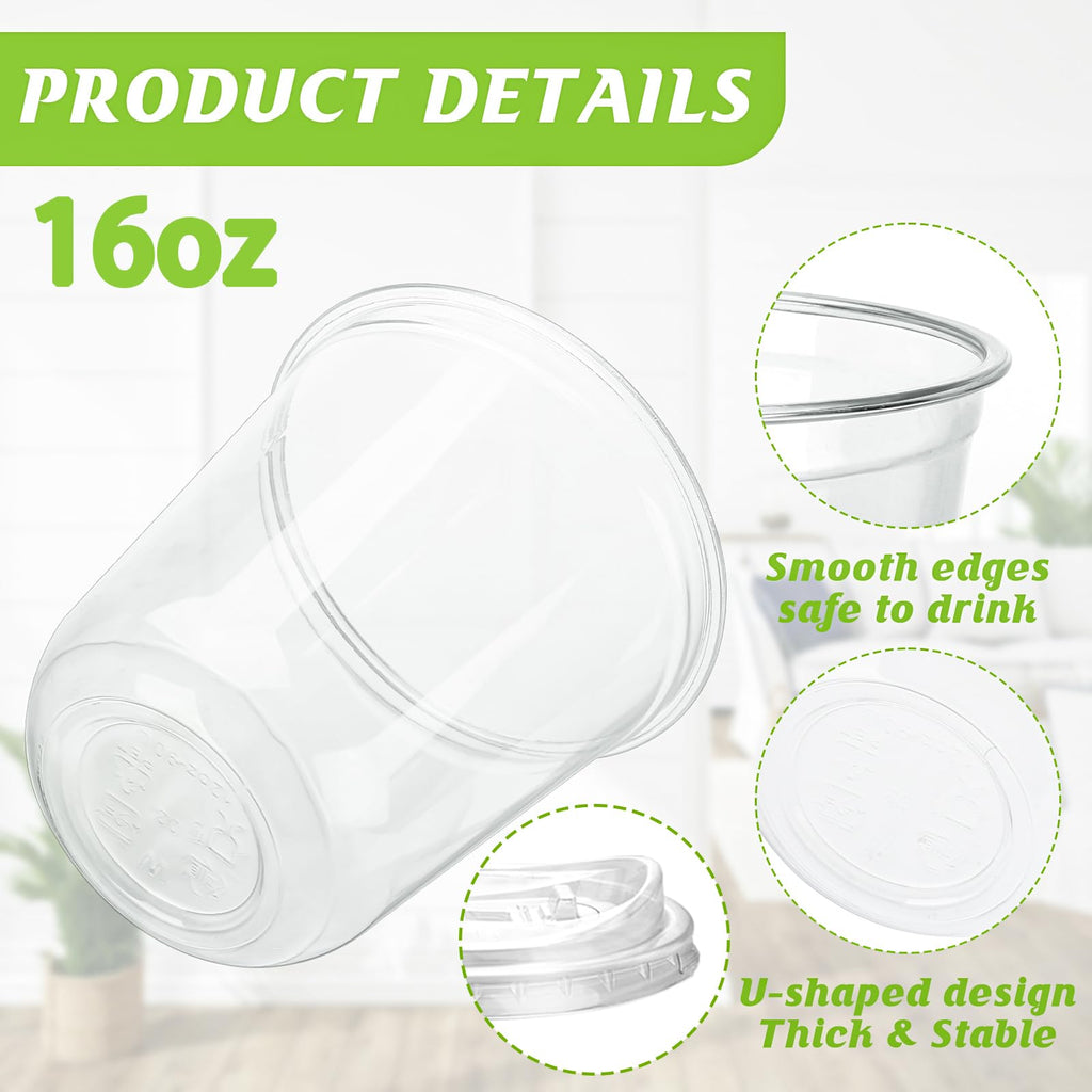 16oz Disposable Stemless Glasses With Strawless Sip Lids,PET Disposable Drinking Cups,Clear Plastic Wine Glasses for Parties Birthday,Wedding,Meeting,Christmas Party Supplies (100, Transparent)