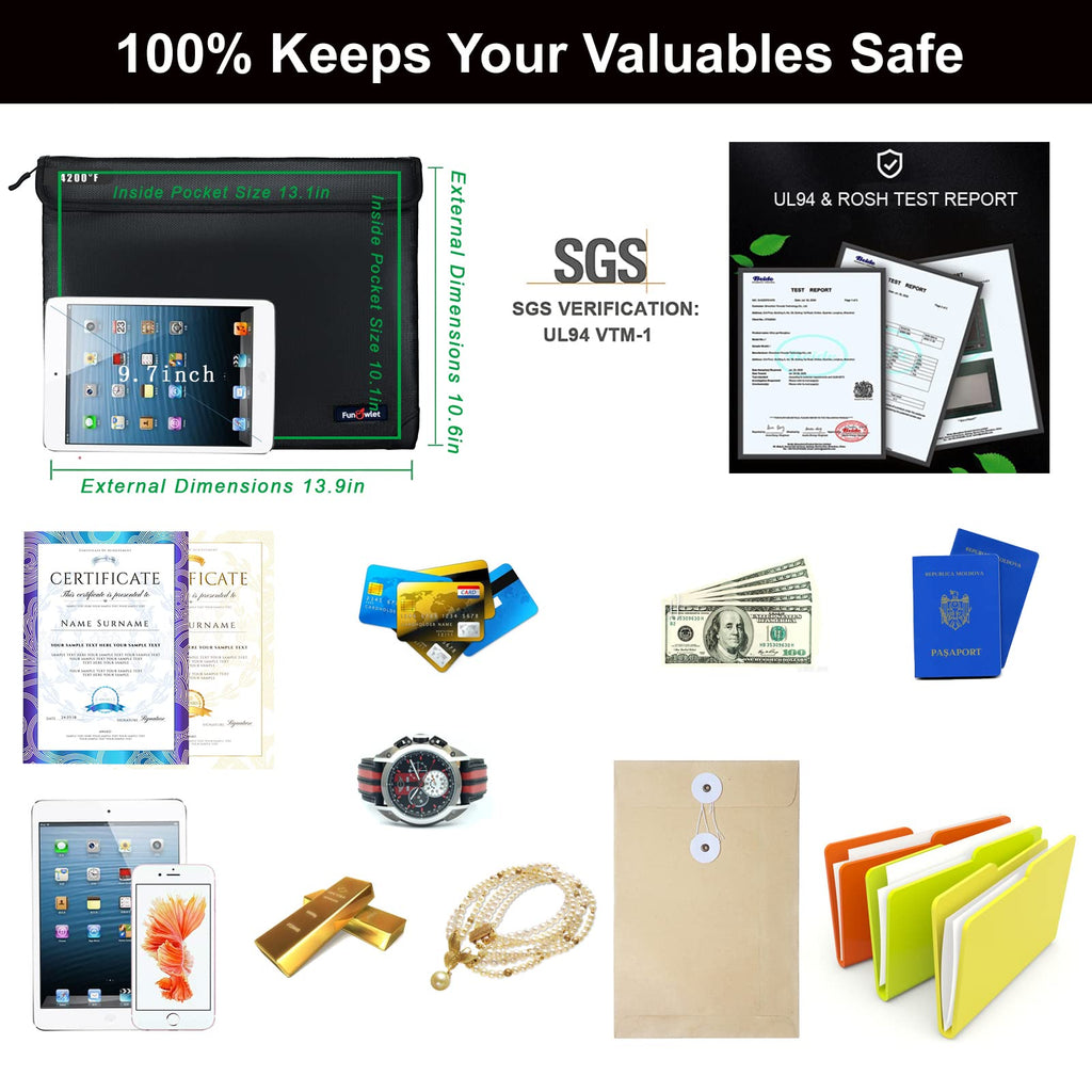 Fireproof Waterproof Money Document Bag - with 4200°F Heat Insulated Safe Storage Pouch with Zipper, Upgraded 8 Layers of Functional Material for Valuables (13.9"x10.6" Black)