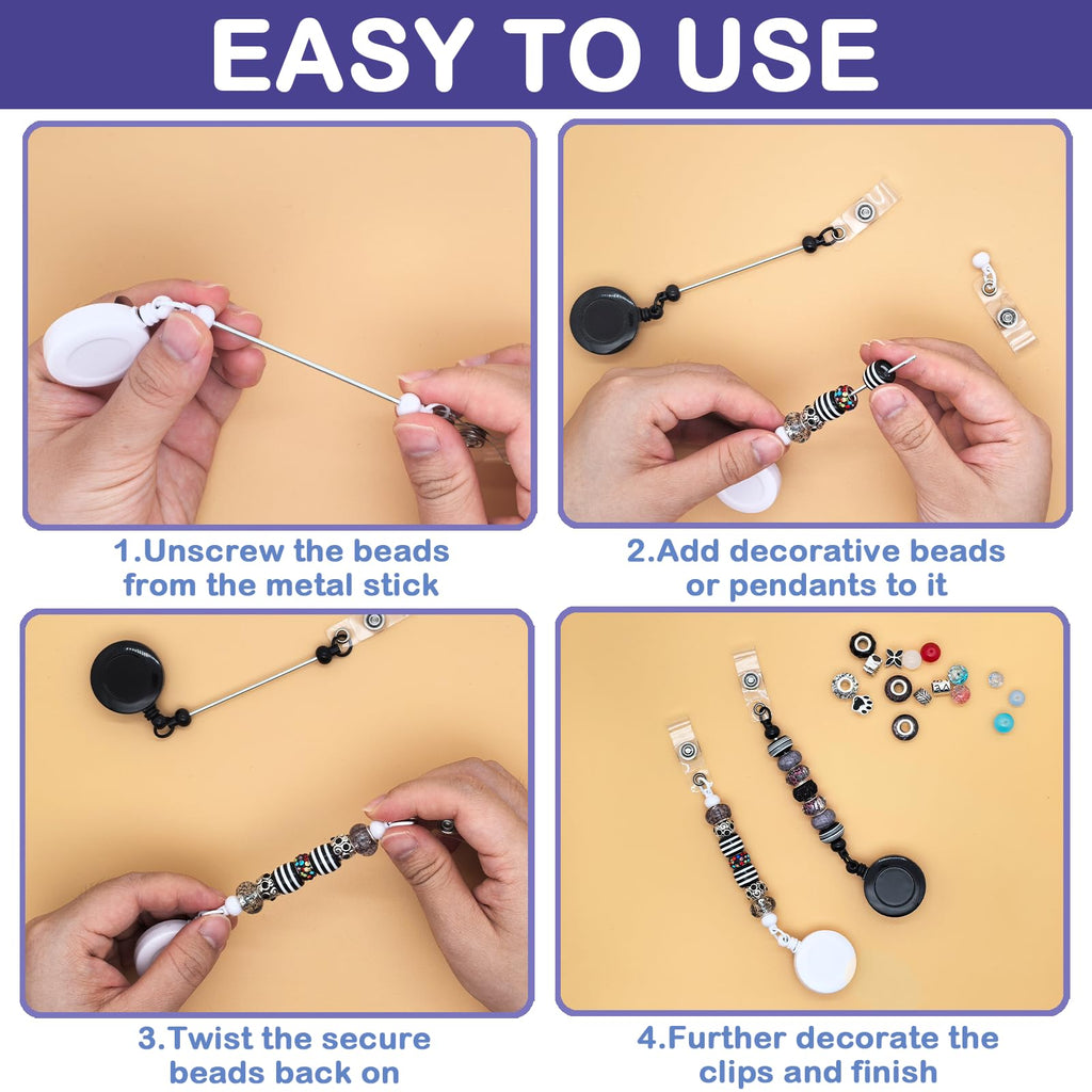 GIWOSK 30 Pcs Beadable Badge Reel Retractable, DIY Blank Badge Reel Kit with Bar for Beads Bulk ID Name, Badge Holder Reel with Belt Clip Beadable Items Gift for Nurse Teacher Office Supplies, Black