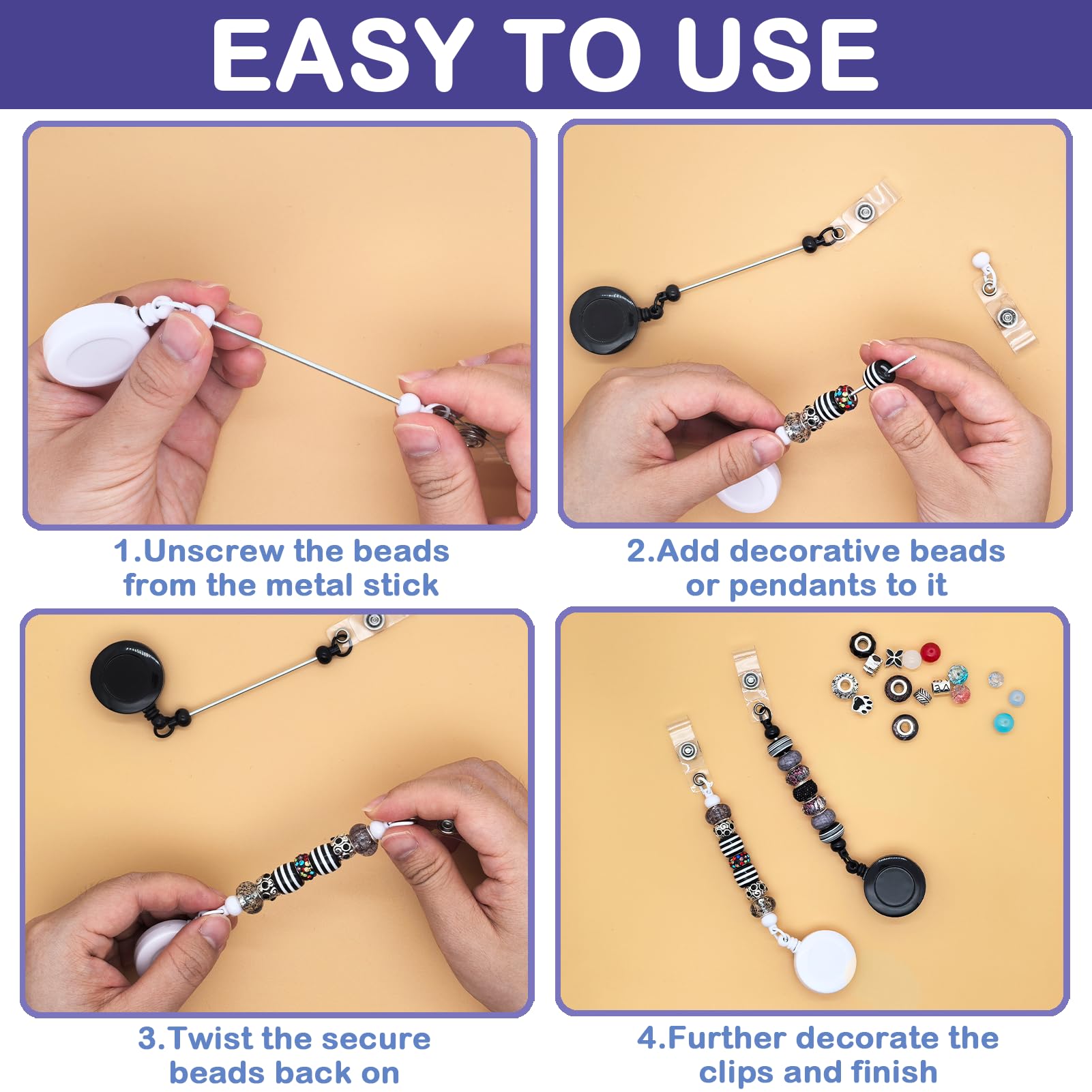 GIWOSK 30 Pcs Beadable Badge Reel Retractable, DIY Blank Badge Reel Kit with Bar for Beads Bulk ID Name, Badge Holder Reel with Belt Clip Beadable Items Gift for Nurse Teacher Office Supplies, Black