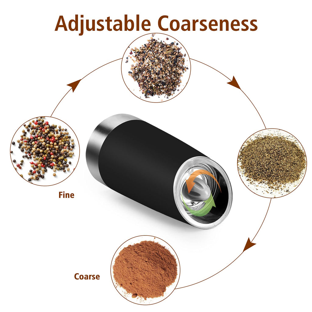 Electric Salt and Pepper Grinder Set: for Gravity Automatic Pepper Grinder, Battery Operated Pepper Mill with Ceramic Grind Adjustable Coarseness Electric Salt Grinder refillable Pepper Shaker 2 Pack