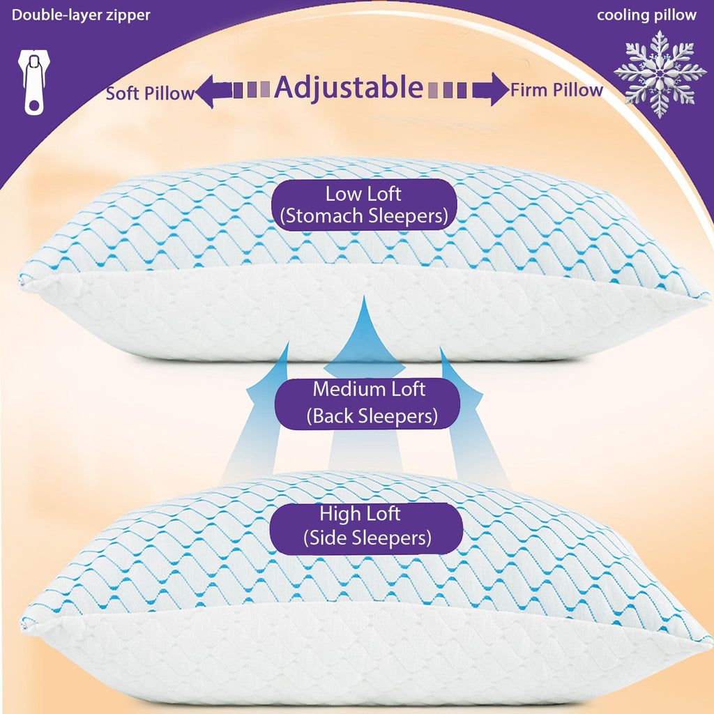 Memory Foam Pillows Queen Size Set of 2, Adjustable Cooling Pillow for Side Back Stomach Sleepers with Washable Removable Cover