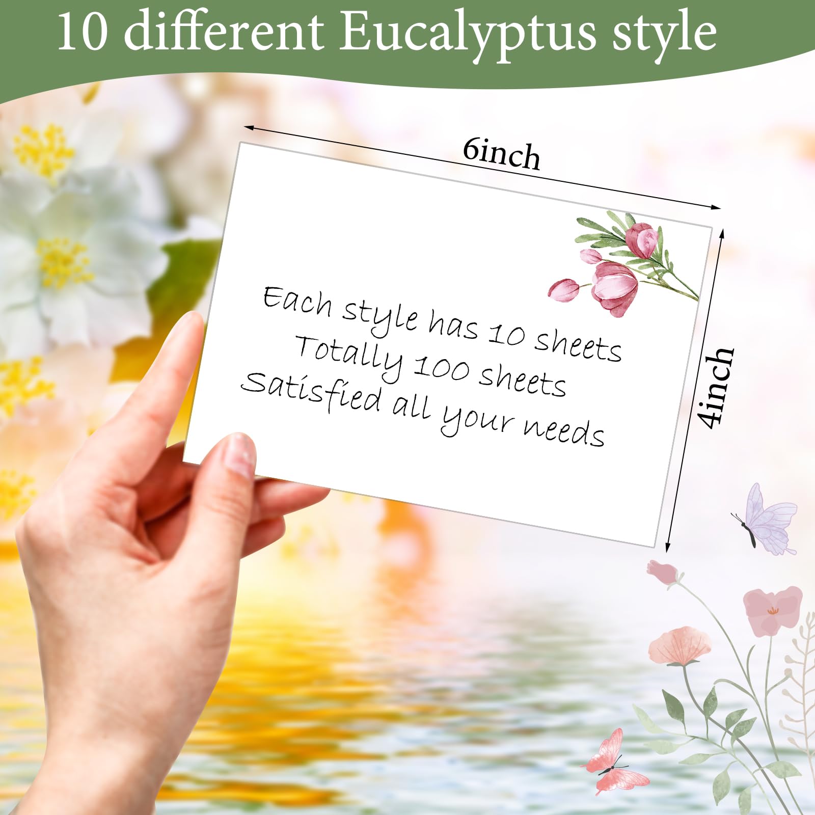 100 Pcs Greenery Note Cards 4x6in, Eucalyptus Leaves Blank Cardstock, Floral Blank Note Cards Watercolor Index Cards Thank Greeting Cards for School Office Wedding Baby Shower (White,Floral)