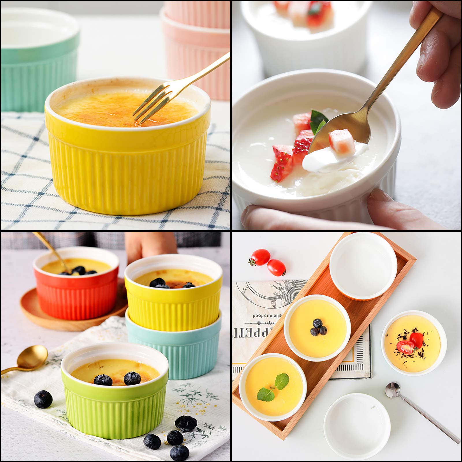 Foraineam 12 Pack 6 oz Ramekins Bakeware 6 Colors Porcelain Souffle Dishes Dessert Custard Baking Cups for Souffle, Creme Brulee and Ice Cream