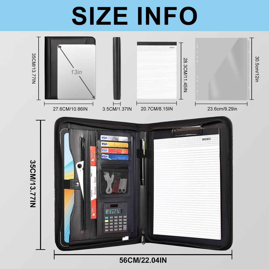 Eshow Padfolio with Zipper, Vegan Leather Portfolio for Business School, Portfolio Folder with 1 Notepad and 1 Pen for Men Women