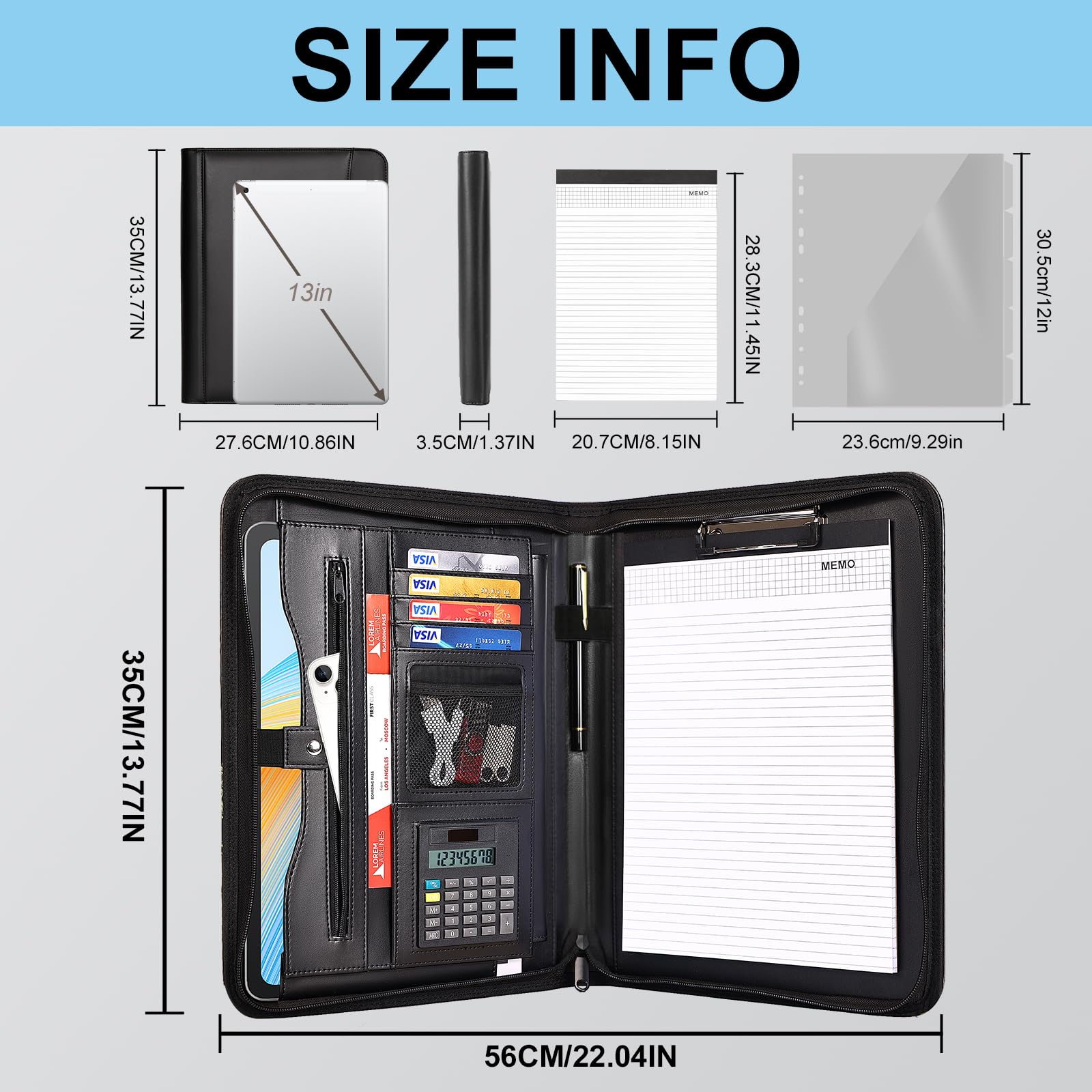 Eshow Padfolio with Zipper, Vegan Leather Portfolio for Business School, Portfolio Folder with 1 Notepad and 1 Pen for Men Women