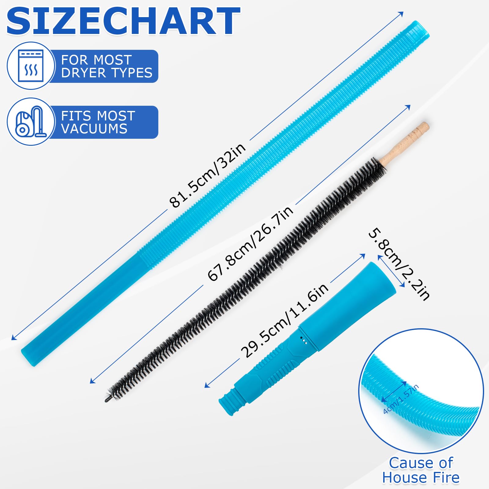 2 Pieces Dryer Vent Cleaning Kit, Lint Vacuum Attachment and Flexible Dryer Lint Brush, Compatible with Most Vacuums, Lint Remover Power Washer Accessory, Blue