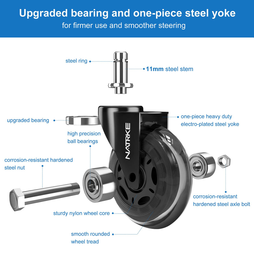 NATRKE Office Chair Wheels Replacement, 3 Inch Rubber Casters for Swivel Chairs, 11mm x 22mm Stem Universal Fit for Hardwood Floors & Carpet, Heavy Duty 5-Pack, Supports 661 lbs (300 kg)
