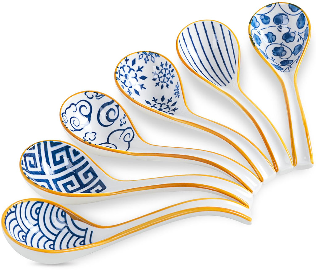 Soup Spoons Set of 6, Soup Dumplings Asian Soup Spoon Set Non-Slip Bottom Japanese Spoons for Ramen Chinese Wonton, Dumplings, Pho, Noodle Soup Spoons