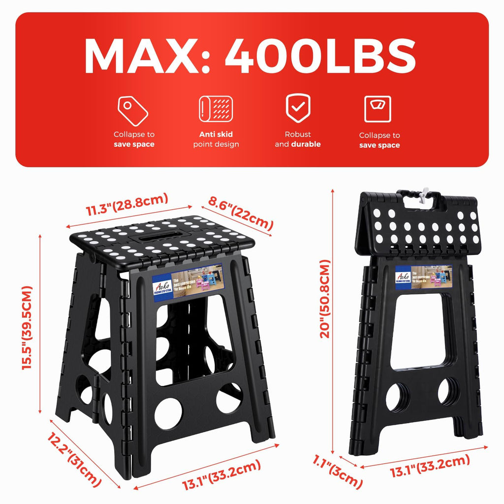 ACKO Folding Step Stool 16 Inch Heavy Duty Step Stool Foldable for Adults and Kids, Collapsible Black Stool with Handle, Non Slip Folding Stools for Kitchen Hold Up to 400lbs