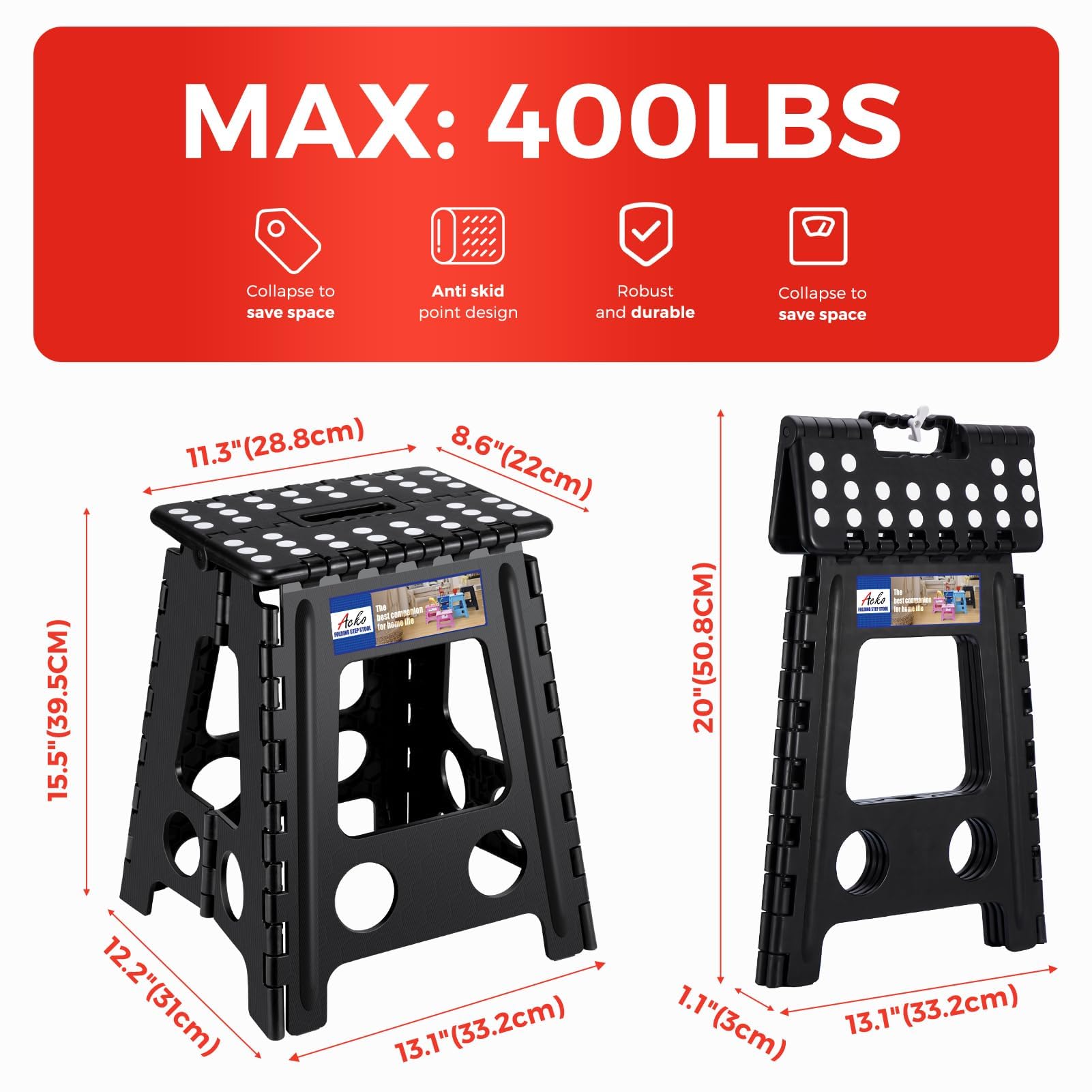 ACKO Folding Step Stool 16 Inch Heavy Duty Step Stool Foldable for Adults and Kids, Collapsible Black Stool with Handle, Non Slip Folding Stools for Kitchen Hold Up to 400lbs