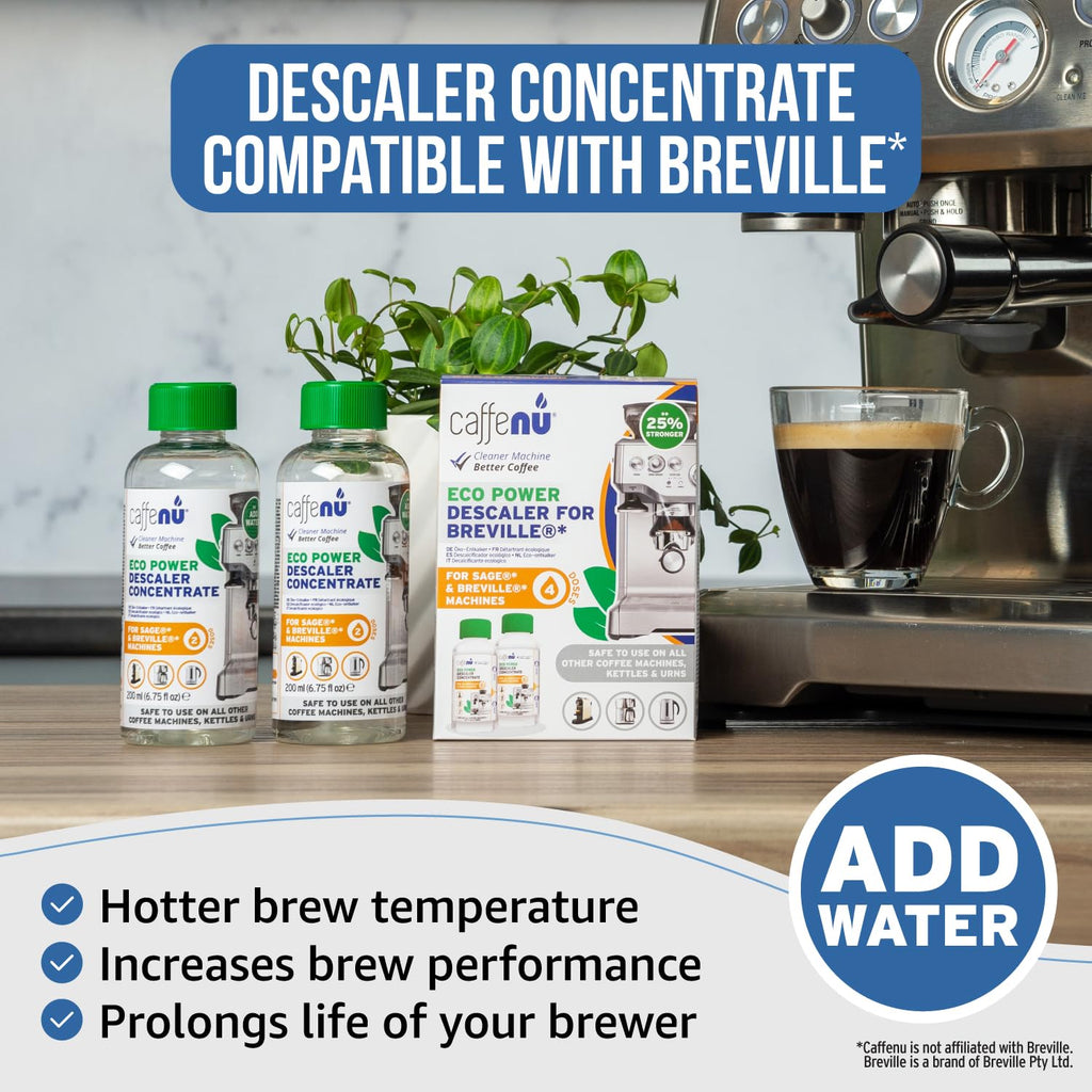 Caffenu Descaler Compatible with Breville. 2 Bottles of Solution. Descaling Kit Removes Limescale For Hotter Coffee. 4 Uses Descaler For Breville Coffee Machines.