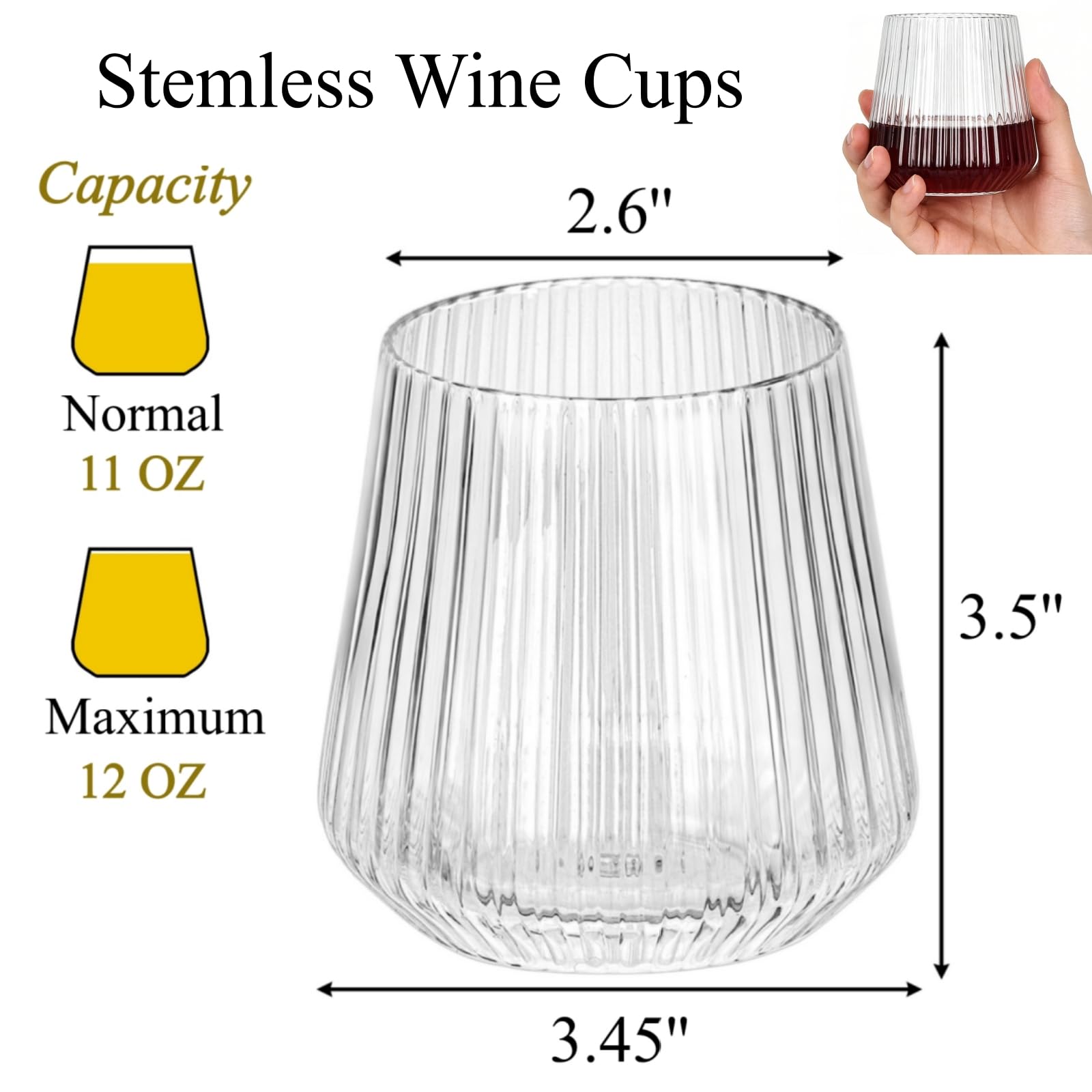 Tebery 20 Pack Plastic Ribbed Wine Glasses, 12 Oz Unbreakable Stemless Cocktail Cups for Party, Reusable Origami Style Ridged Drinking Tumbler for Champagne Catering Wedding Picnic Bar