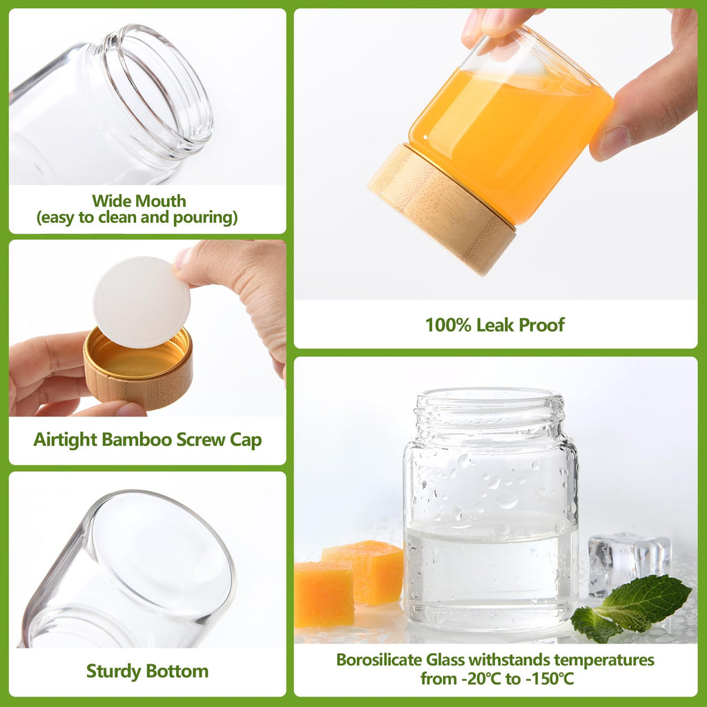 BPFY 12Pack Borosilicate Glass Wellness Shot Bottles with Bamboo Lids, 2oz Small Ginger Shots Bottles, Reusable Mini Glass Bottle for Juice Shots, Homemade Beverages, Liquid (60ml)