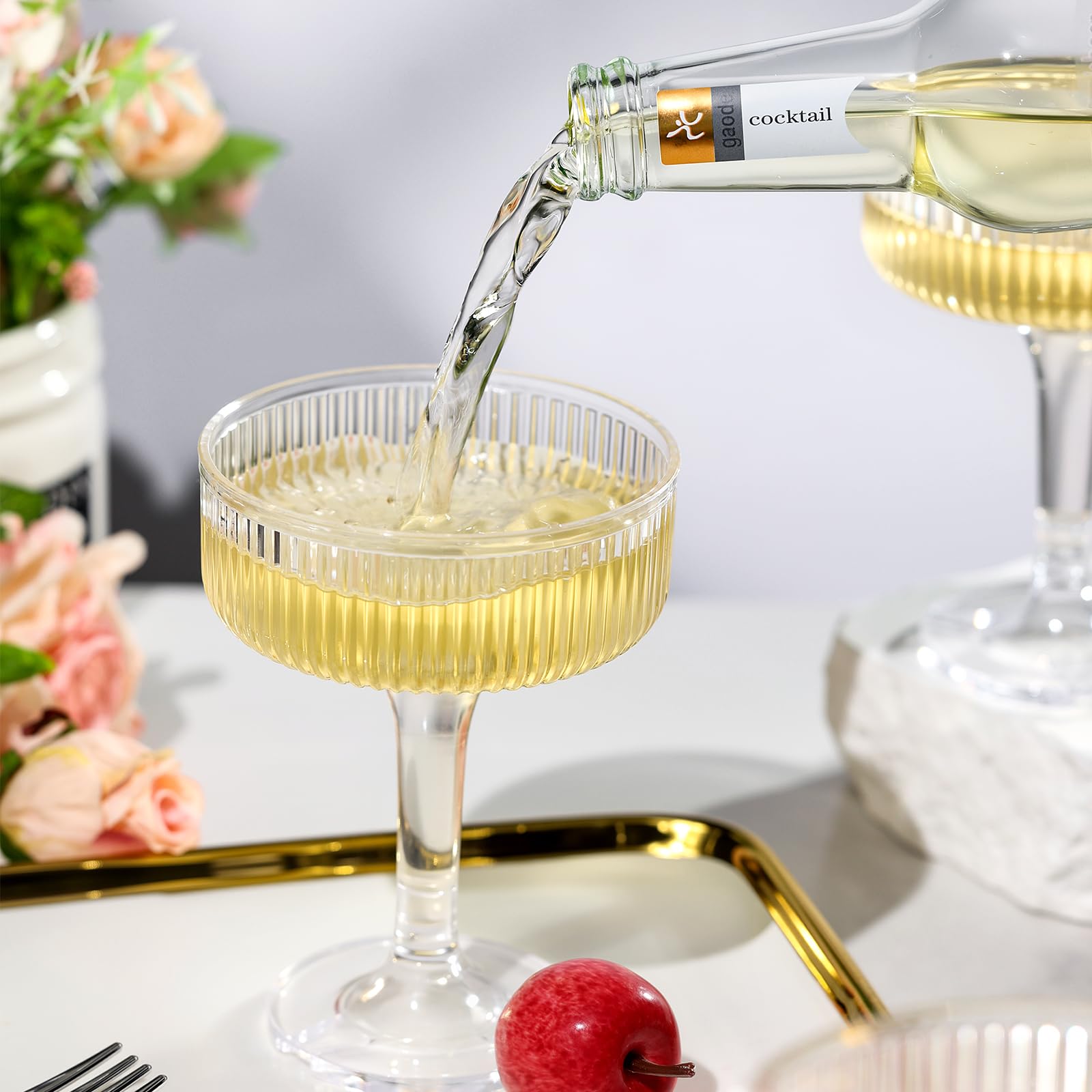 Goodluck Champagne Tower 4-Tier, 7oz Set of 20 Clear Champagne Flutes Plastic,Butterfly Shape with Vertical Stripes for Weddings, Celebrations, Parties & Birthdays
