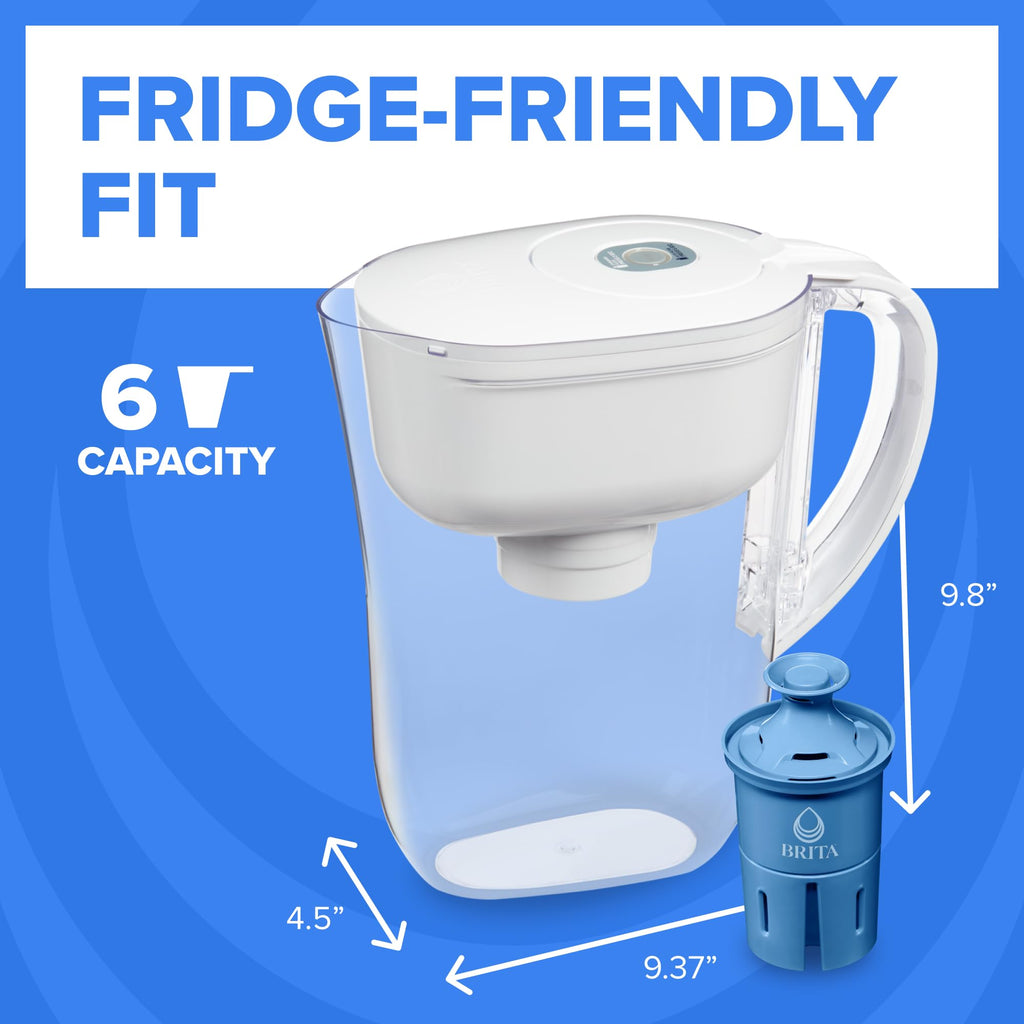 Brita 6 Cup Elite Filter Pitcher with Smart Light Indicator, Reduces 30+ Contaminants including Lead and Microplastics, Filter lasts 6 months, Metro, White