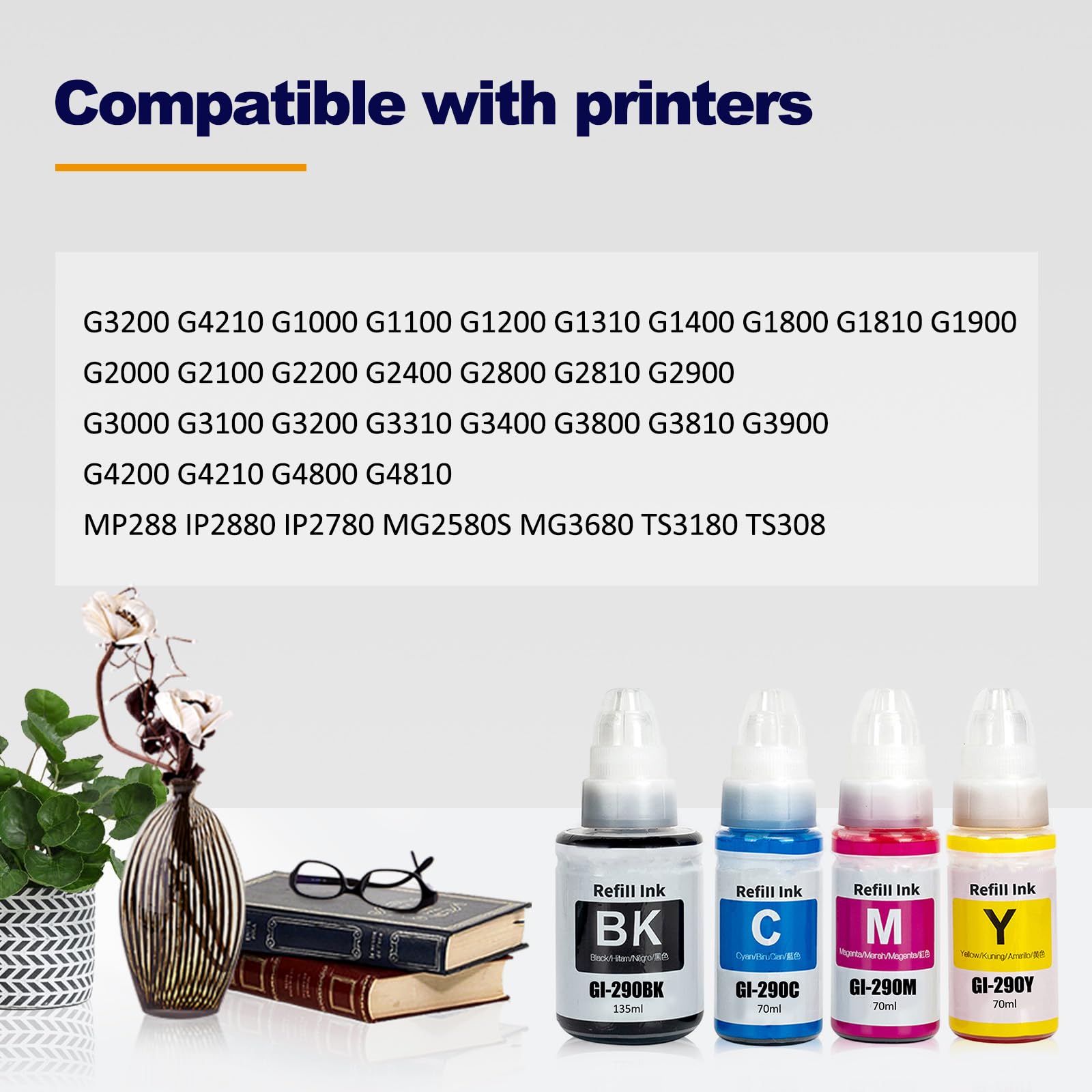 LAIPENG GI-290 GI290 Ink Refill Bottles Compatible for Canon G1200 G2200 G3200 G4200 G4210 Printer (4-Pack, Black/Cyan/Magenta/Yellow)